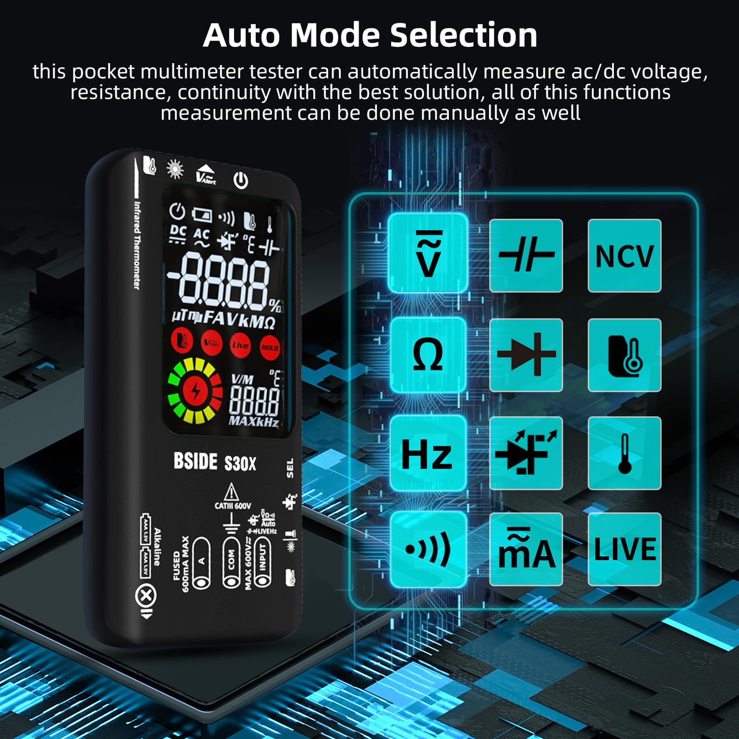 BSIDE S30X Multimetro Digitale Automatico con Termometro IR 12:1 Tester Diodi Alta Tensione LCD Colori 9999 Conteggi Voltmetro Ampemetro Capacimetro Ricaricabile per HVAC LED Automotive Electronic