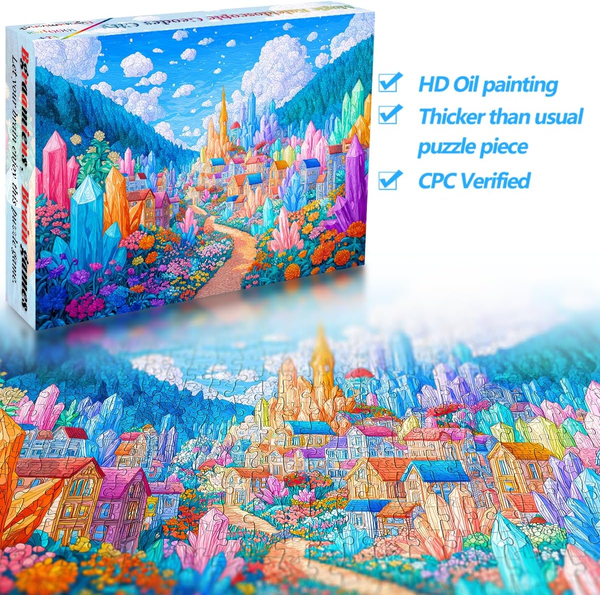 Bgraamiens 1000 Piece Jigsaw Puzzles for Adults – Magic Kaleidoscopic Geodes City – Vibrant Fantasy Challenge with Crystals and Flowers – Colorful Relaxation Gift