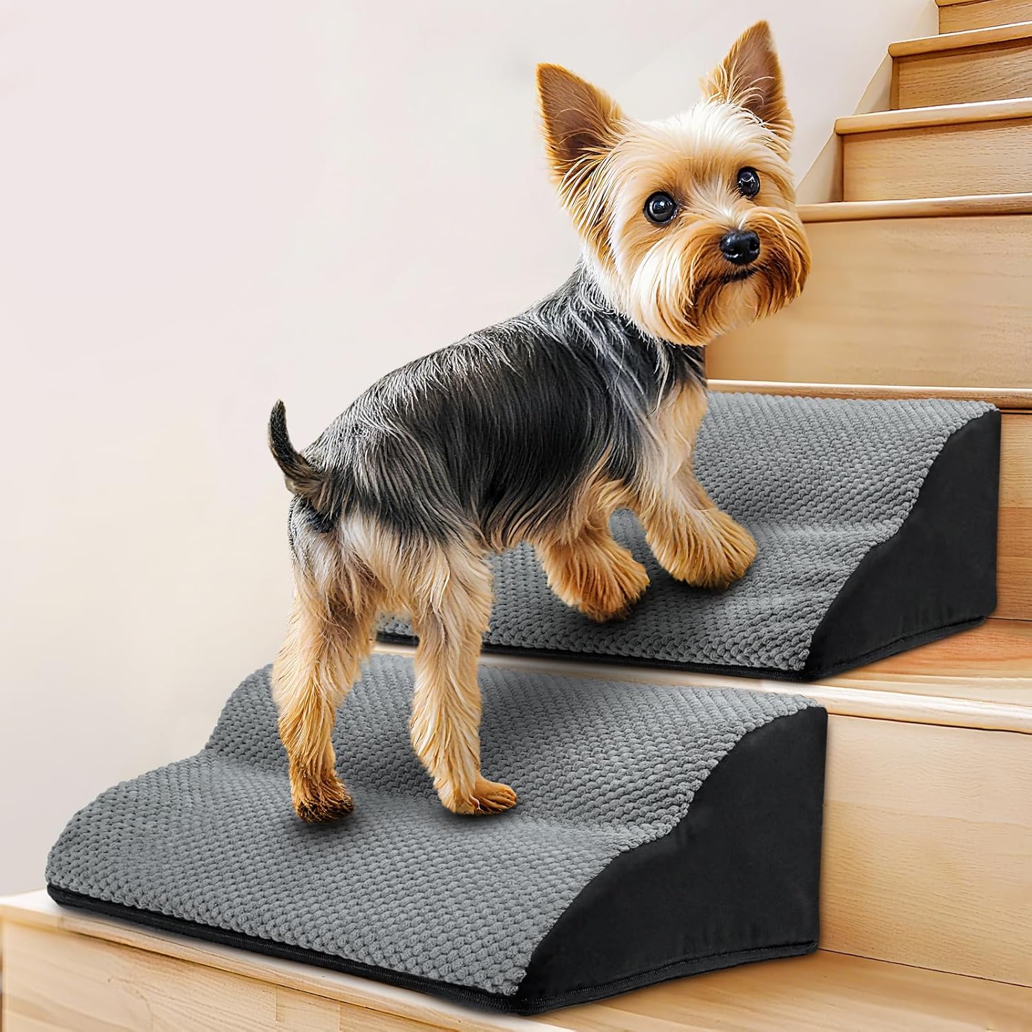 2-Step Dog Ramp for Stairs, Non-Slip Dog Stair Ramp, Stair Wedges for Dogs with Self-Sticky Pads to Fix, Low-Angled Pet Steps, for small/medium dogs, puppies, and aging pets needing joint care(2-Pack)