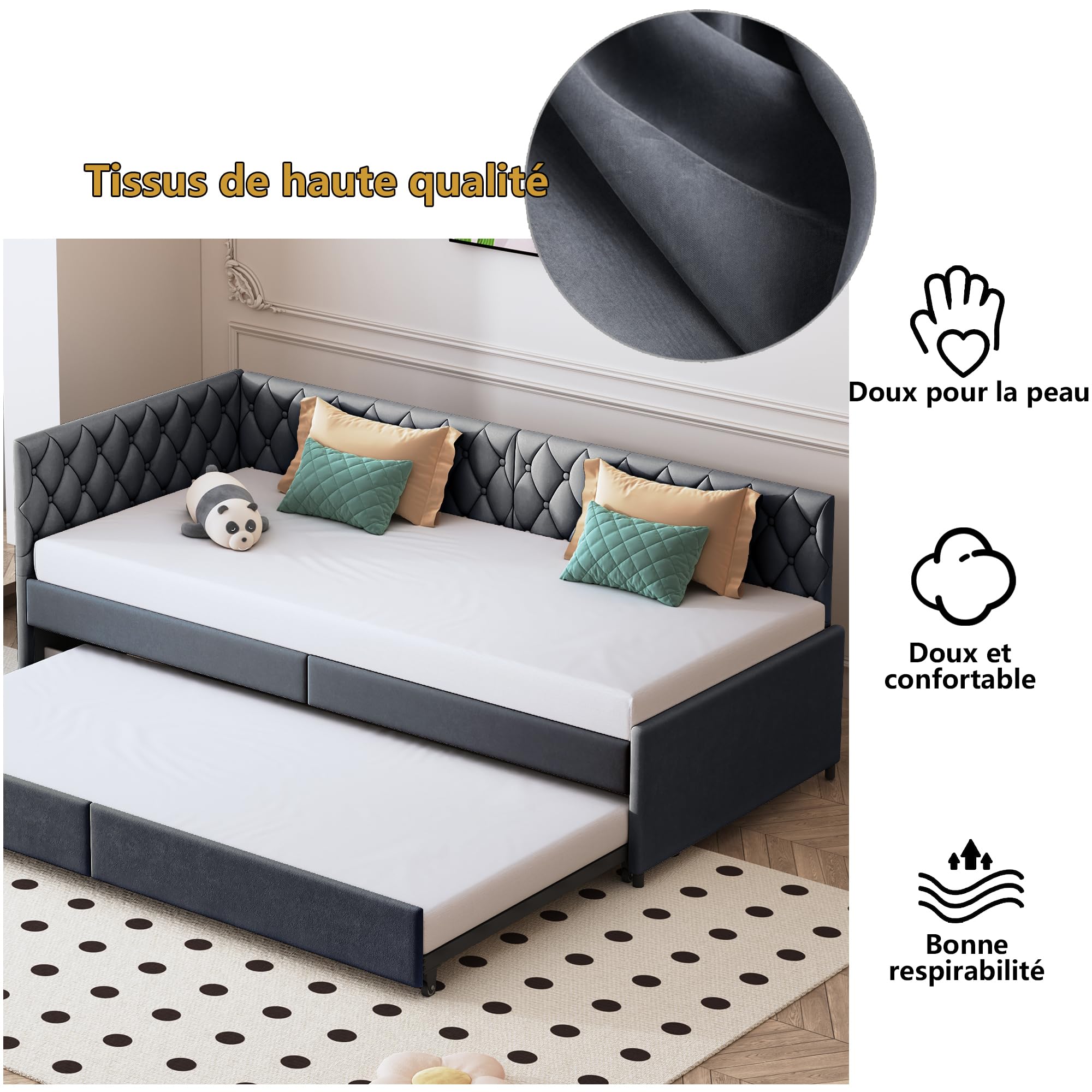 BestAlice Divano Letto imbottito 90 x 200 cm, letto estraibile con rete a doghe e divano letto allungabile velluto, letti singoli imbottiti, letti singoli per il giorno degli ospiti, nessun materasso