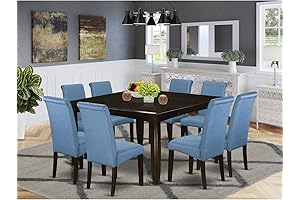 8 Seat Square Dining Table with 8 Matching Blue Linen Parson Chairs