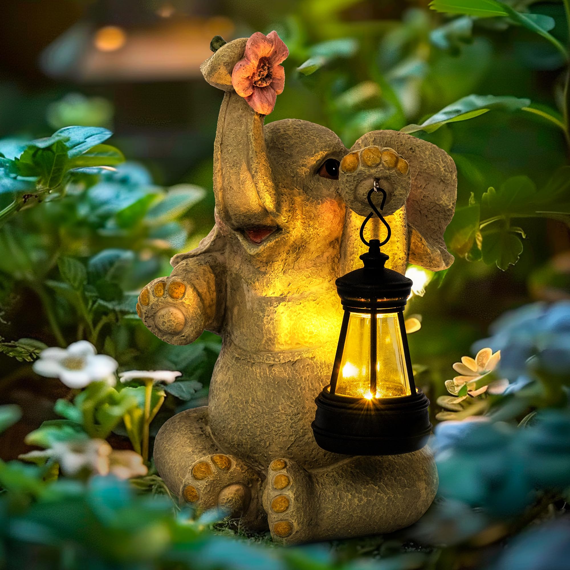 GIGALUMI Solar Garden Statues Elephant with Lantern Elephant Gifts for Women Birthday Gifts for Mom. Elephants Figurine Solar Garden Decor Outdoor Statues for Yard, Patio, Balcony, Lawn, Pond