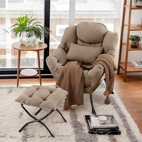 Silla Lazy con otomana, sillón moderno con almohada lumbar, silla de lectura acogedora y reposapiés plegable para dormitorio, sala de estar, caqui