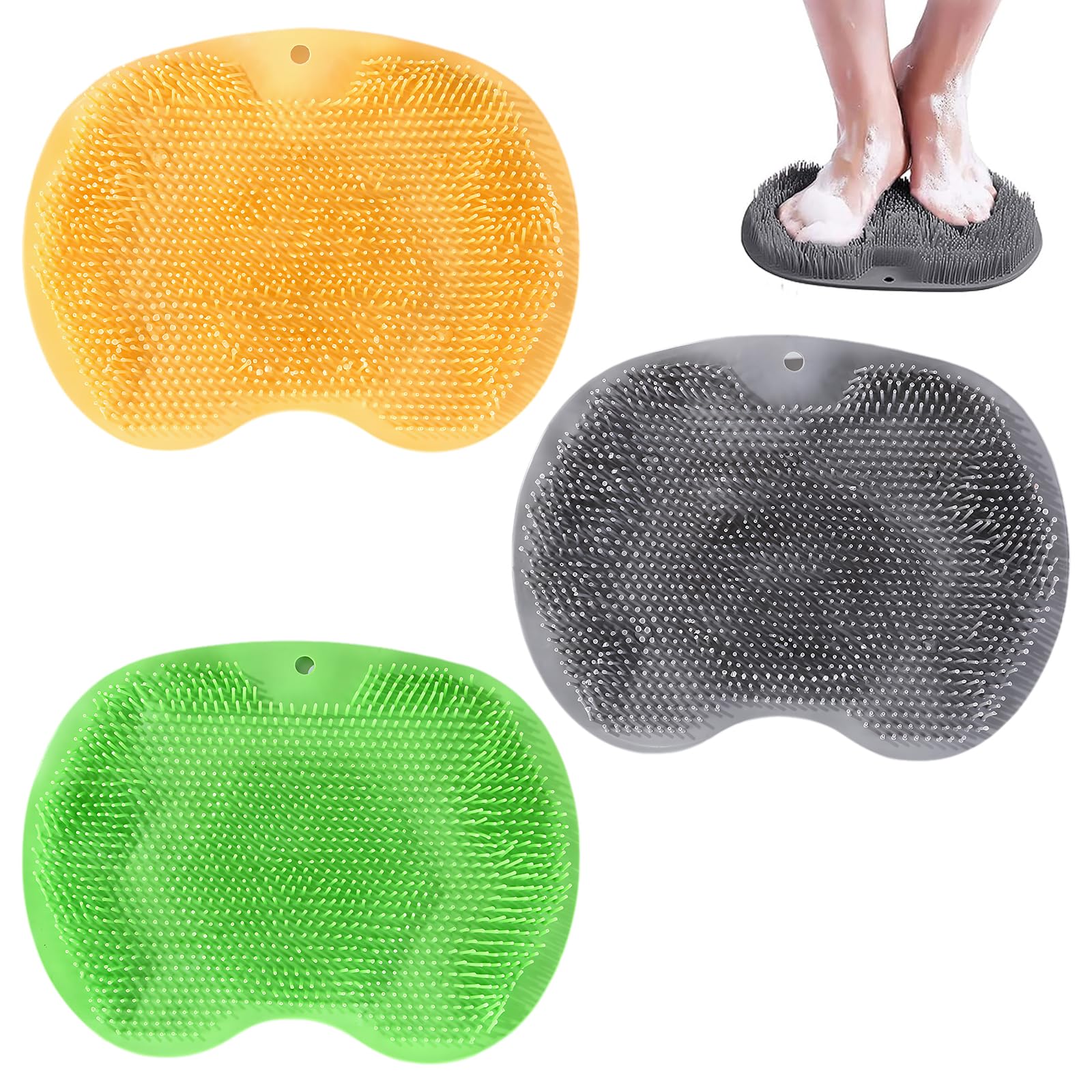 Lot de 3 tapis de brosse pour pieds de douche, 29 x 22 cm, en silicone antidérapant, massant les pieds, convient pour la salle de bain, les voyages d'affaires (jaune + gris + vert)