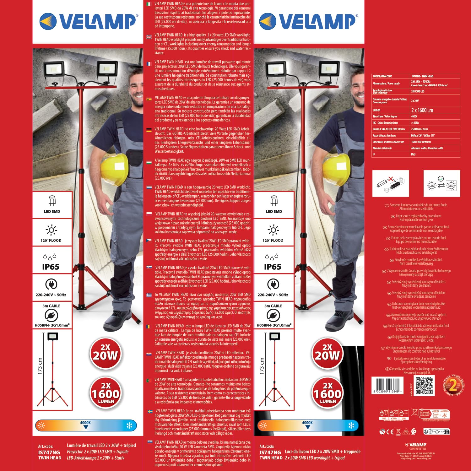 Velamp CABEZAL DOBLE: 2 luces de trabajo LED SMD de 20 W + trípode