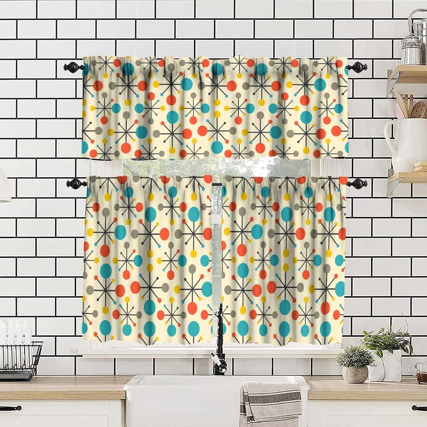 Abstract Geometric Valances Curtain,Mid Century Fifties Modern Retro Colors Pattern for Living Room Bedroom Bathroom Kitchen 54''x18''+27''x24''x2（3 Piece）, Style-10