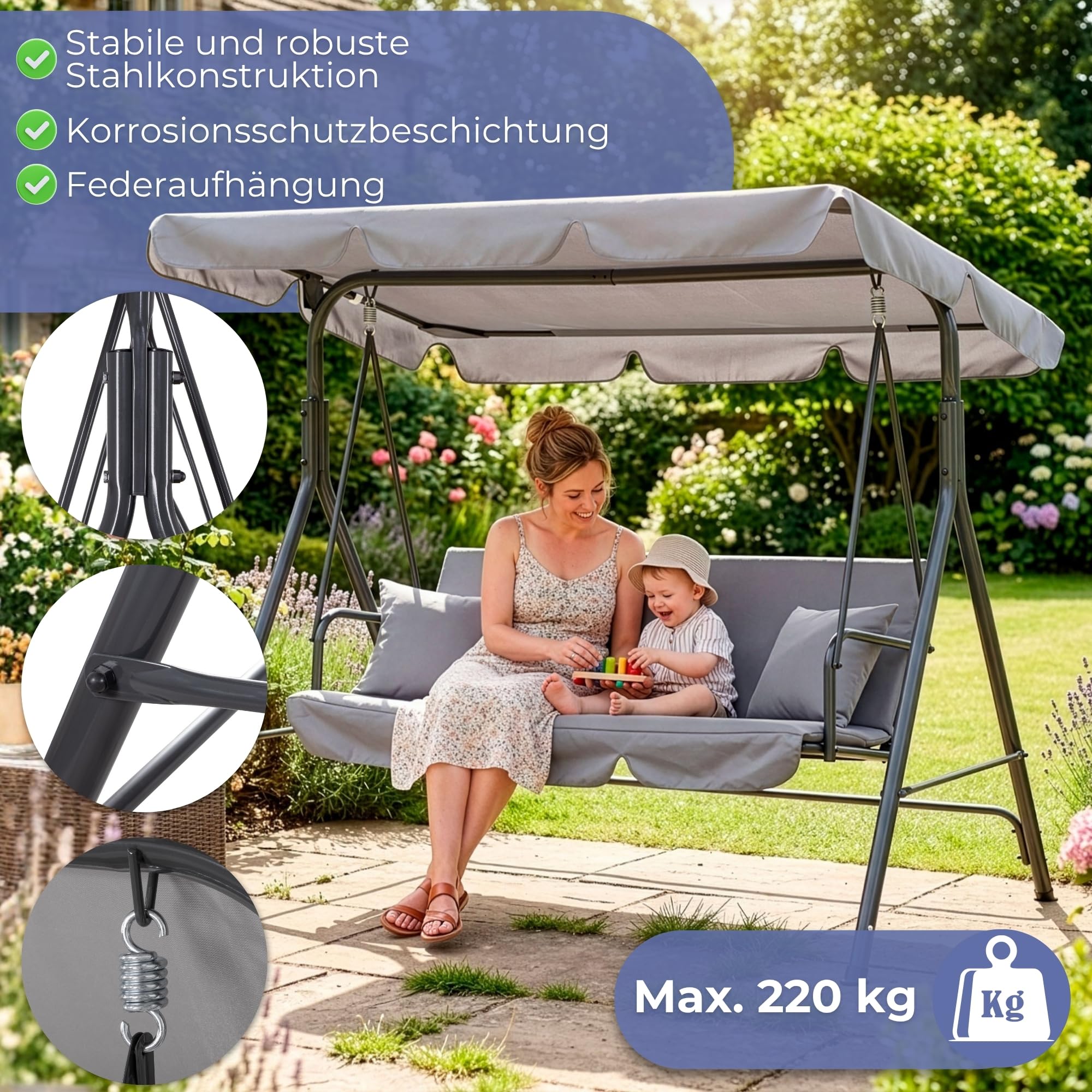 Springos 3-Personen Garten-Hängesessel mit verstellbarem Dach, wasserdichtem Stoff, Rostschutz, 220kg Tragfähigkeit, Stabiler Stahlrahmen, Komfortable Polster, Antirutschfüße - 110x170cm, Grau