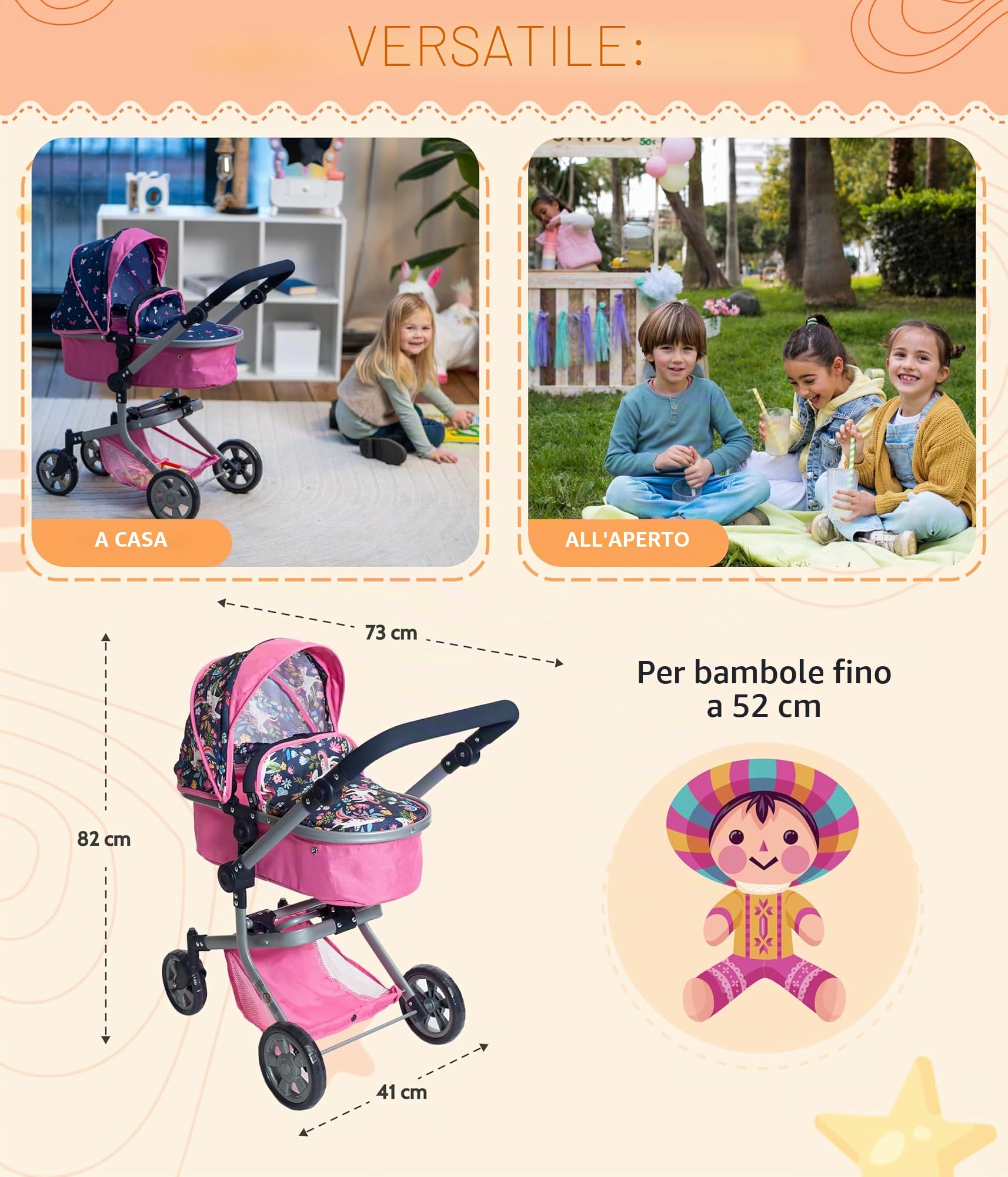 Bayer Chic 2000® Passeggino per bambole 2 in 1 Mika - Rosa Navy - Pieghevole - Manico regolabile in altezza 47-80 cm - Telaio moderno - Bambole fino a 52 cm - 4-8 J Unicorno