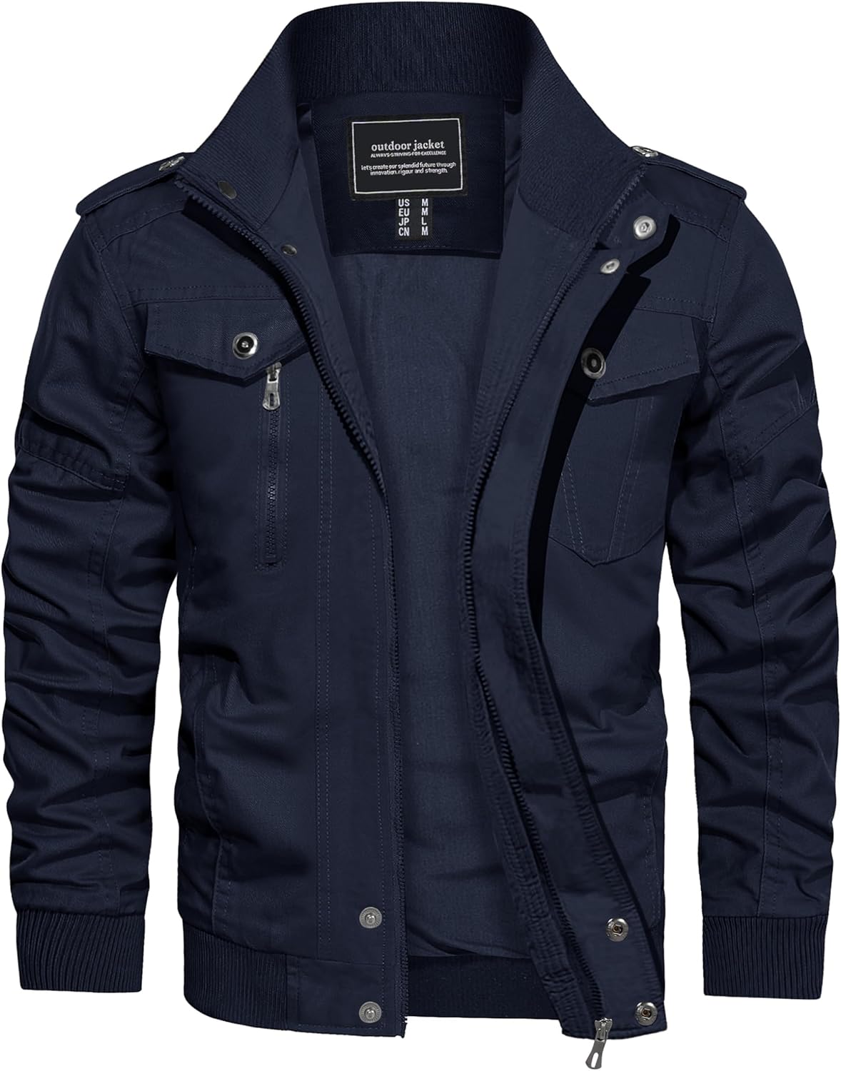 CRYSULLY Men's Cotton Military Jacket Lightweight Casual Windbreaker Stand Collar Bomber Jackets Coat with Multi Pockets