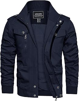 Men's Cotton Military Jacket Lightweight Casual Windbreaker Stand Collar Bomber Jackets Coat with Multi Pockets