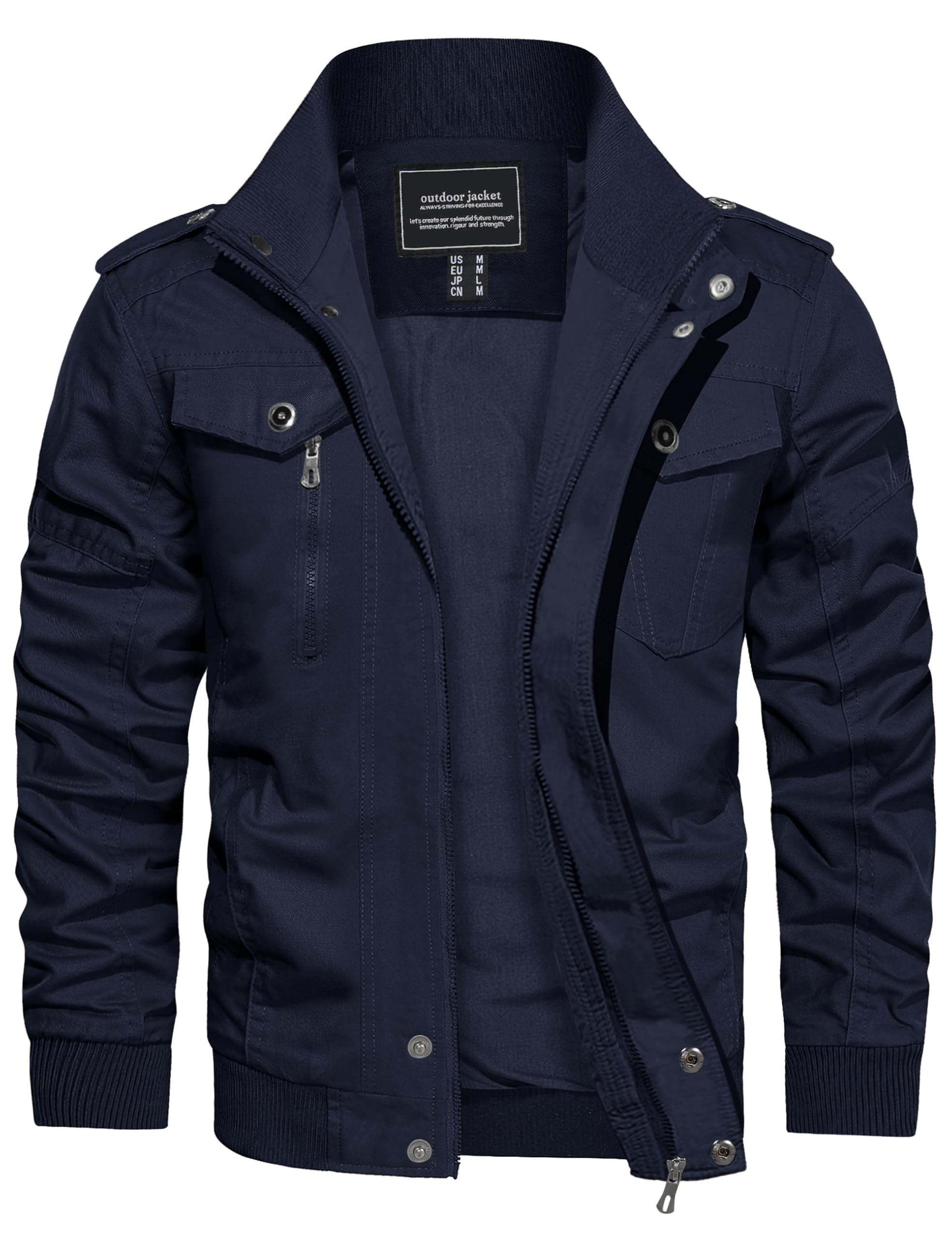 CRYSULLY Men's Cotton Military Jacket Lightweight Casual Windbreaker Stand Collar Bomber Jackets Coat with Multi Pockets