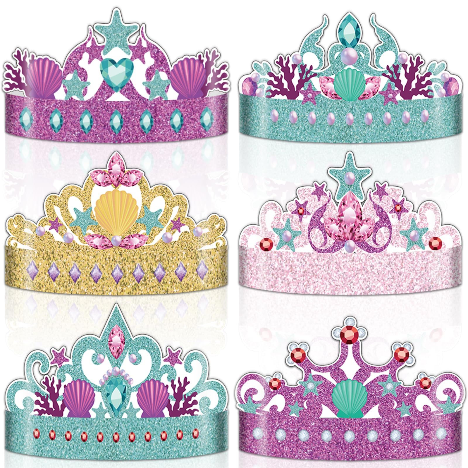 12 Pcs Paper Mermaid Party Favor Hats Mermaid Birthday Party Crowns Headbands for Girls Under the Sea Ocean Decorations Favor Supplies, 6 styles