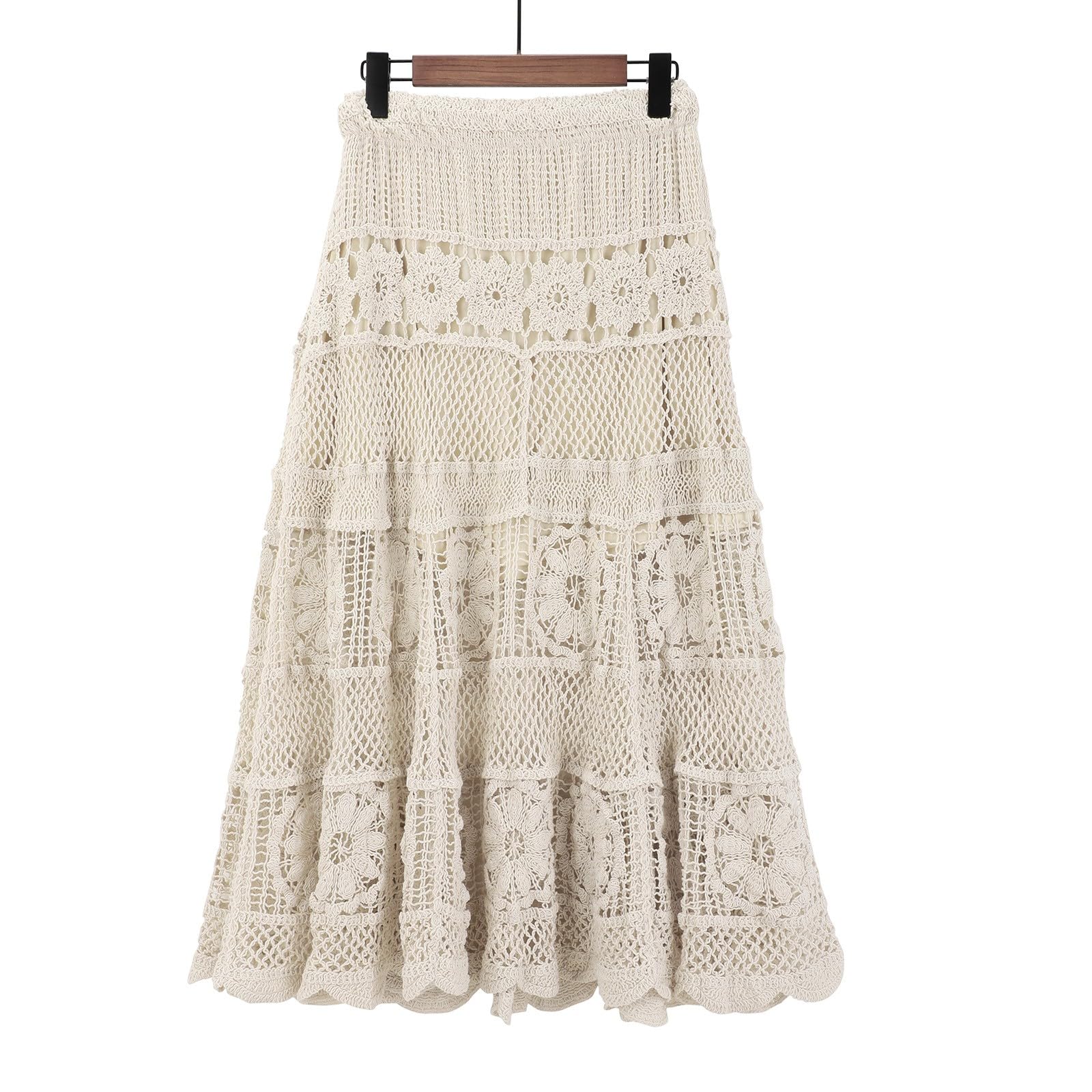 Falda midi de mujer blanca falda de verano hasta la rodilla falda de malla sexy casual con cordón falda plisada cintura alta elástica faldas línea A falda de playa de encaje vestido de verano
