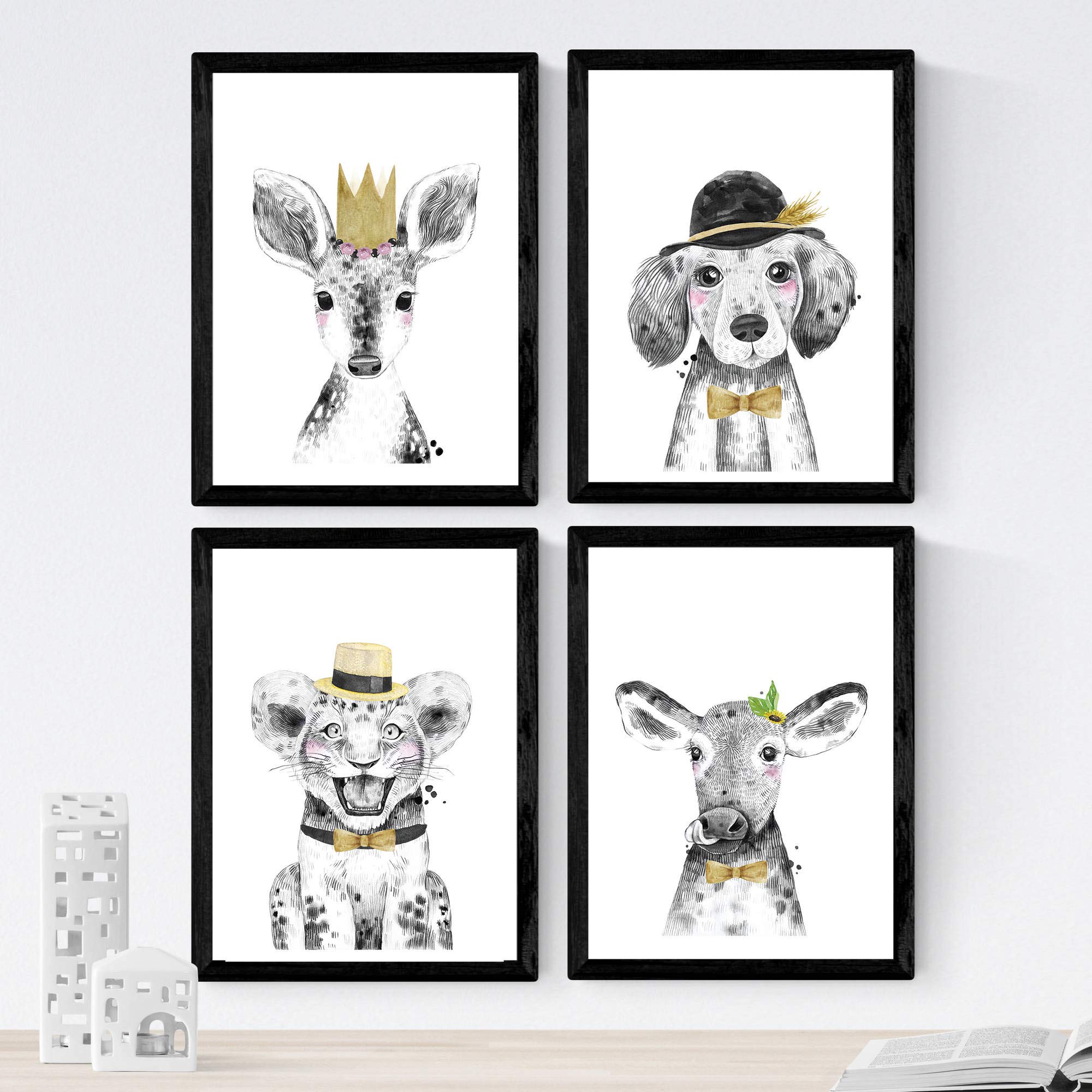 Nacnic Set of 4 prints of Animals Children Tones Yellows in A3 size, Poster. Frameless