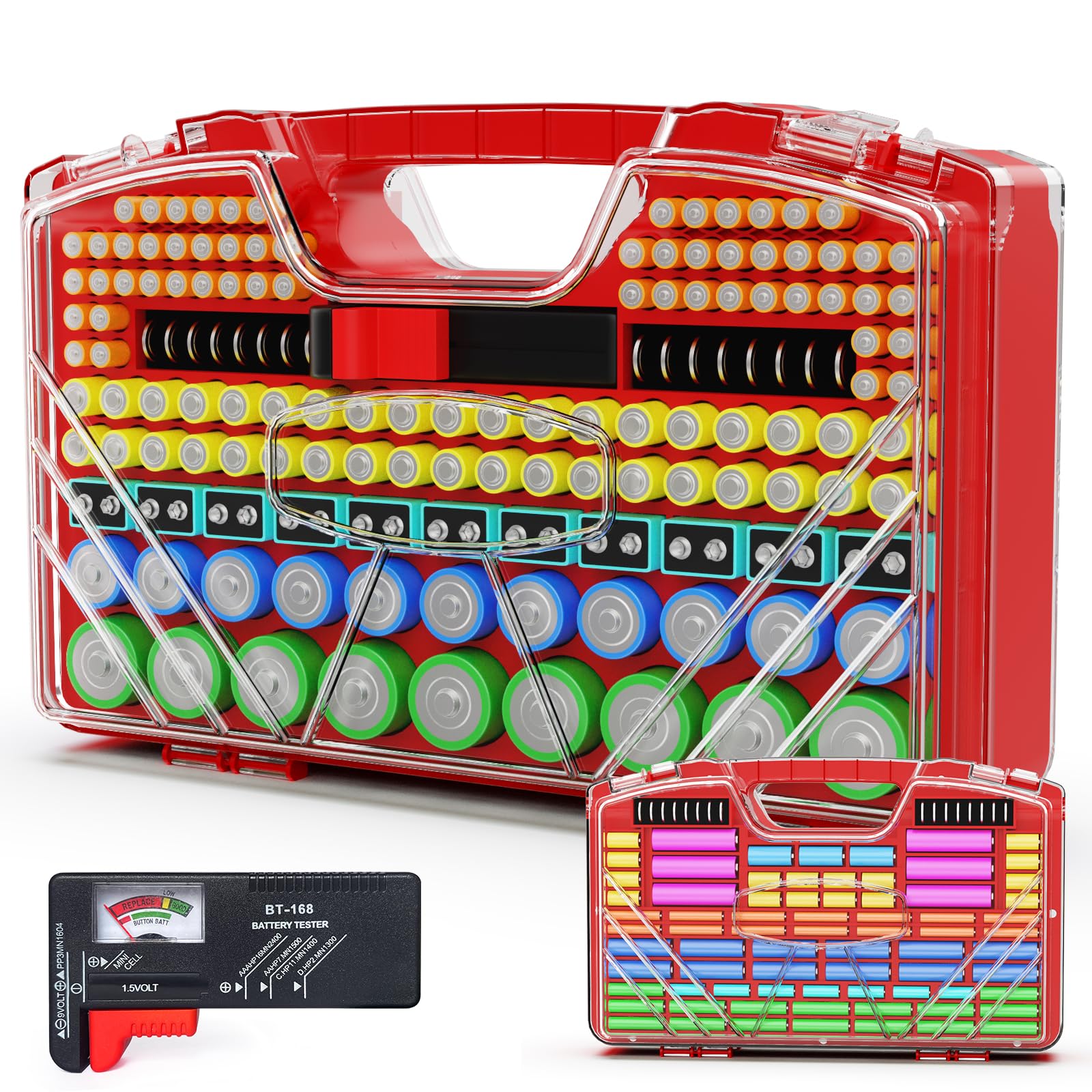 Battery Organizer Storage Holder Box Case with Tester, New Ultra-Large 285+Batteries Double-Sided Variety Pack, Holds AA AAA 4A C D Button Cell 9V 3V CR123 CR1632 LR44 Lithium18650 CR2 Red
