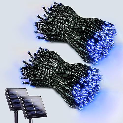 Miniatura 18 de Paquete de 2 tiras de 200 luces LED solares para exteriores, luces solares de Navidad para exteriores con 8 modos de iluminación, cable verde Blanco