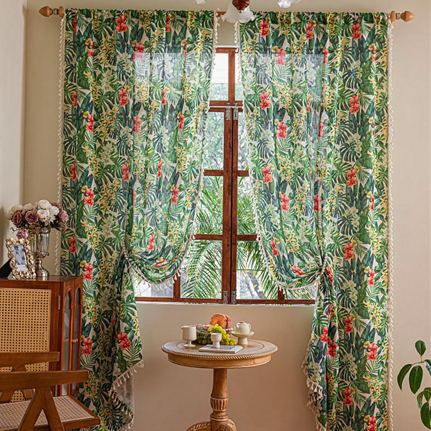 Deeprove Boho Curtains 2 Panels for Bedroom Living Room 84 inches Long Bohemian Light-Filtering Linen Look Leaf Floral Print Farmhouse Aesthetics Privacy Vintage Chic Window Decor 52W x 84L