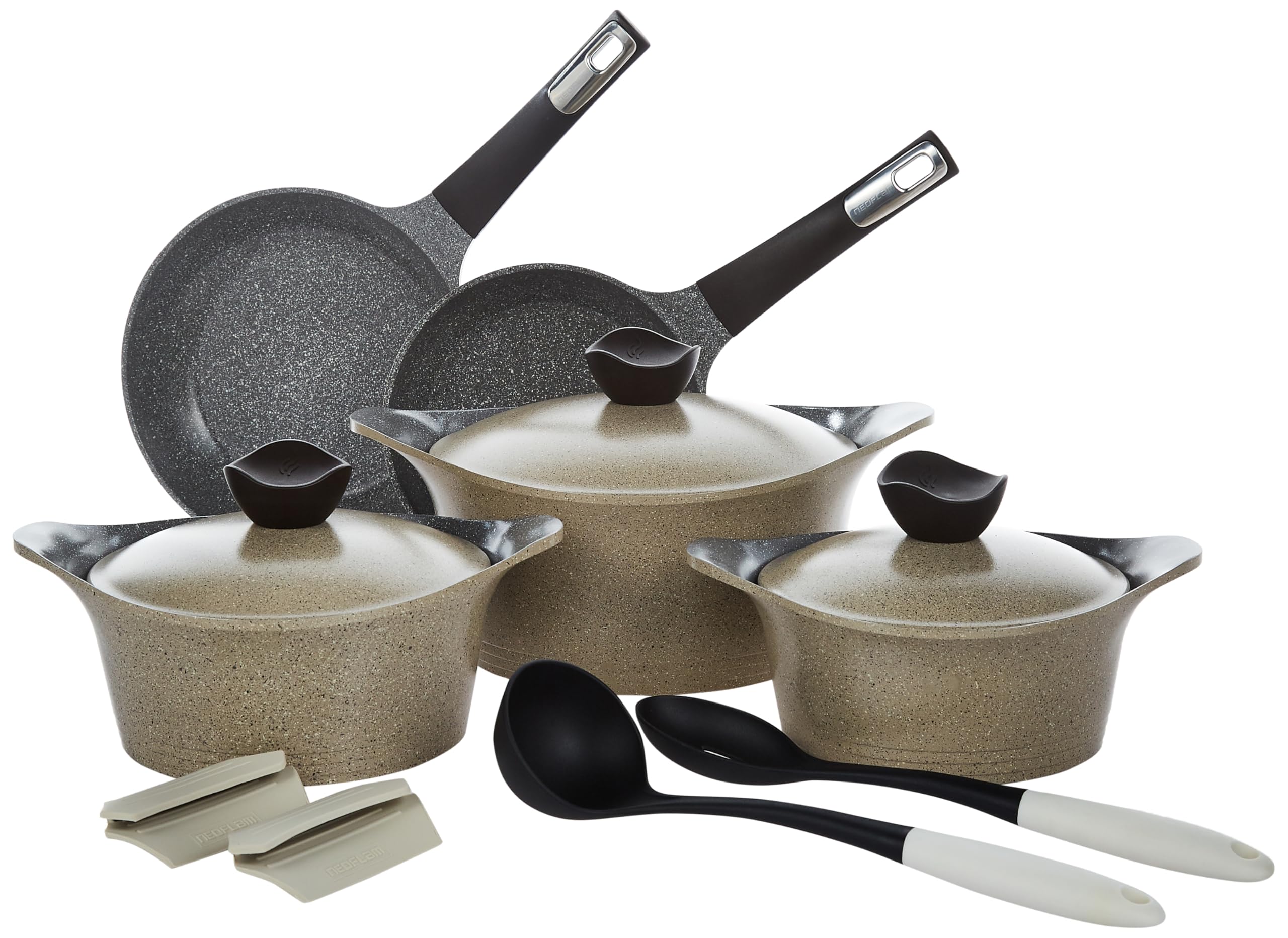 โ Aeni,Cooking Set,Warm Marble,Xa10(24-20-18).Wm,10Pieces,+(2 Scoop Gift),Cast Aluminum With Ecolon Coating,Ceramic Top Coating,Nonstick Coatings,Highly Heat Conductive