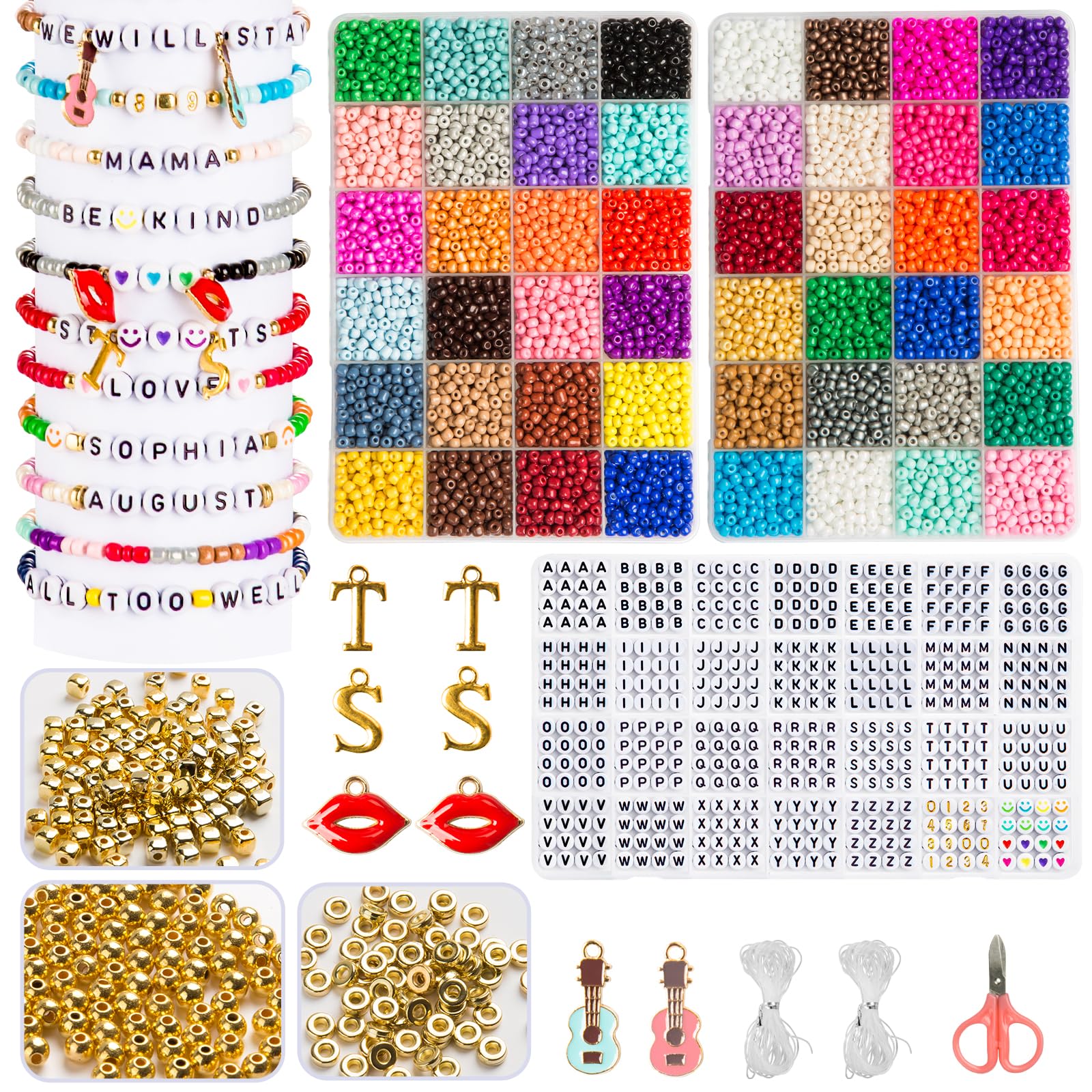 Zenmag Friendship Bracelet Kit - 3 Boxes, 48 Colors, 10000+ Glass Seed Beads, Letter & Number Beads, Charms for Jewellery Making, Gift for Girls