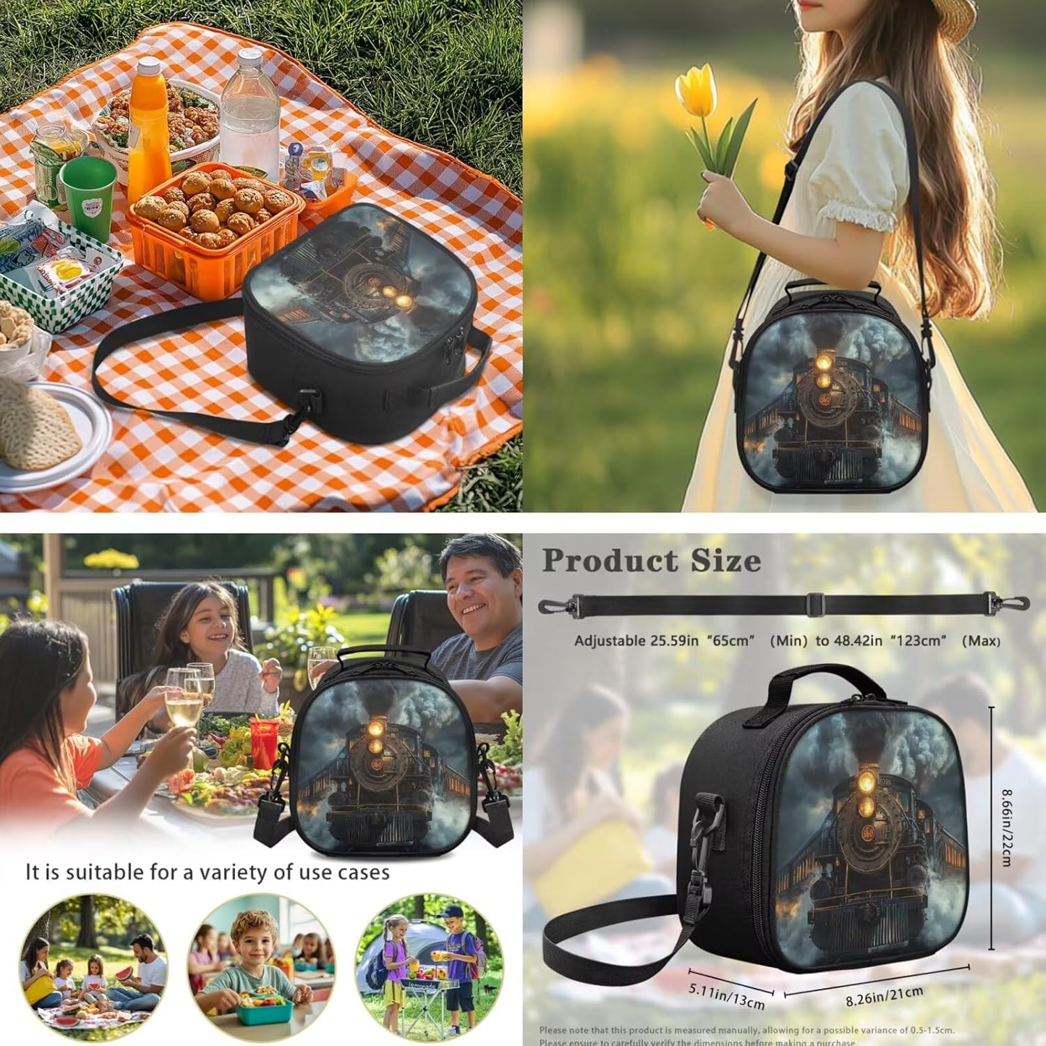 Vintage Steam Train Bookbag for Kids 5-7 Back to Elementary School Backpack and Lunch Box Set 4-in-1 Boys School Bag Lunch Boxes Pencil Case Water Bottle Holder, 17 Inches