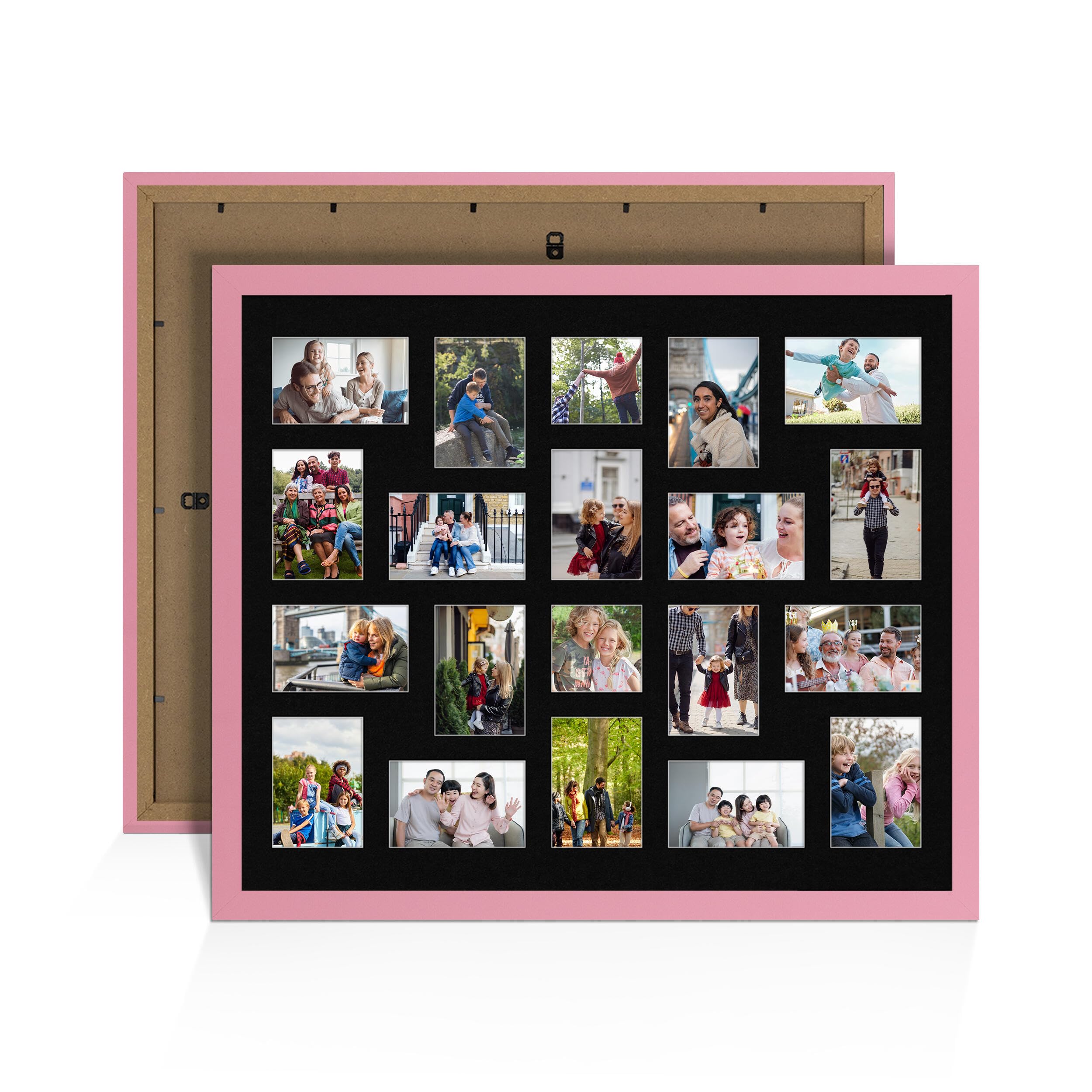 Alison Kingsgate Pink 80x70cm Photo frames for multiple pictures - 20 Apertures Collage Frame with Black Mount- Holds (18x) 6x4 & (2x) 4x4 Photos - Engineered Wood & Perspex