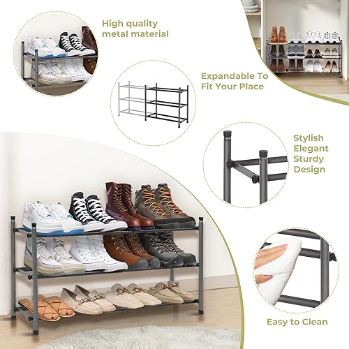 Miniatura 4 de Zapatero, organizador de almacenamiento de zapatos expandible para armario, zapatero de metal de 3 niveles para entrada, estante pequeño ajustable