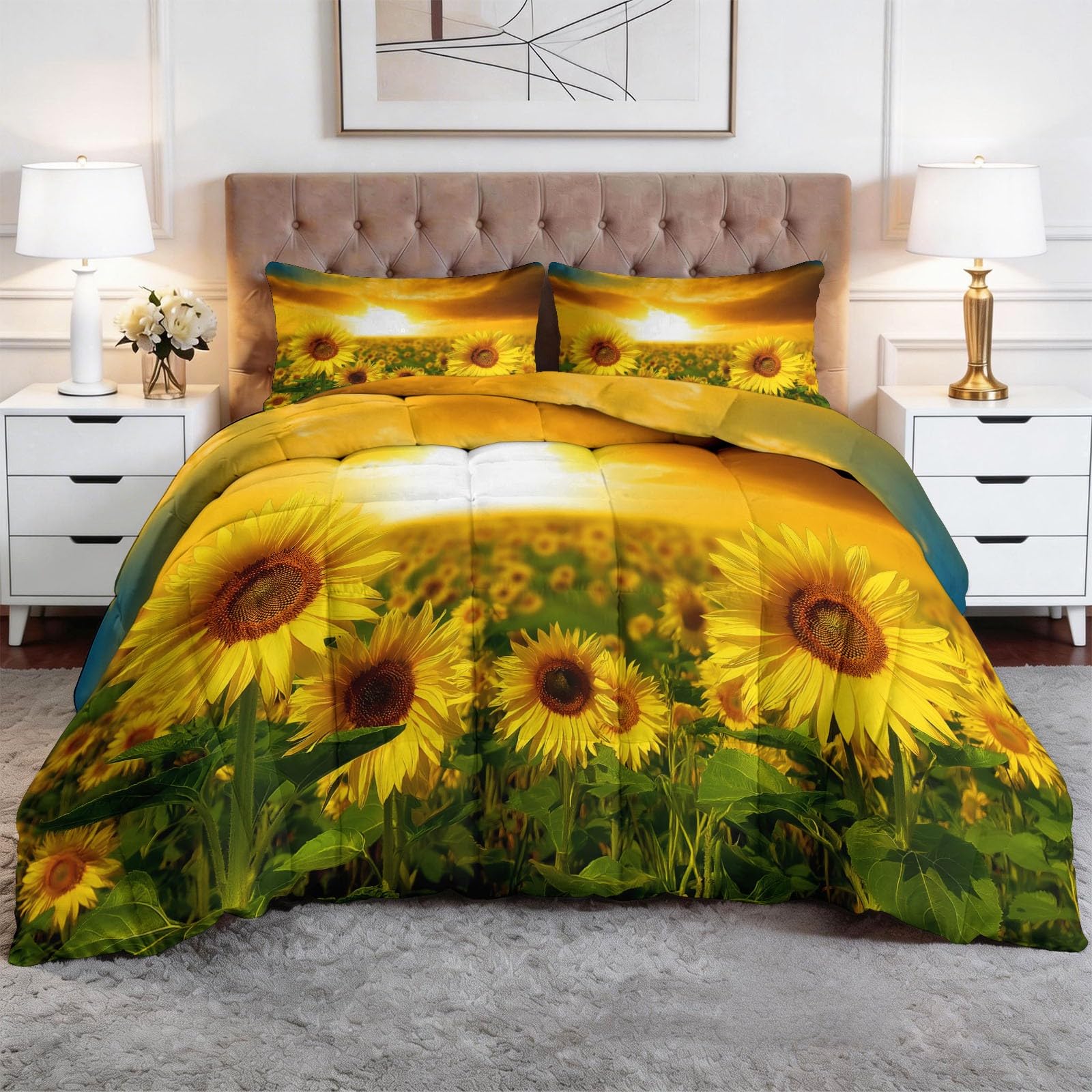 Edredón de verano de 260x220 cm transpirable con estampado de girasoles azul acero