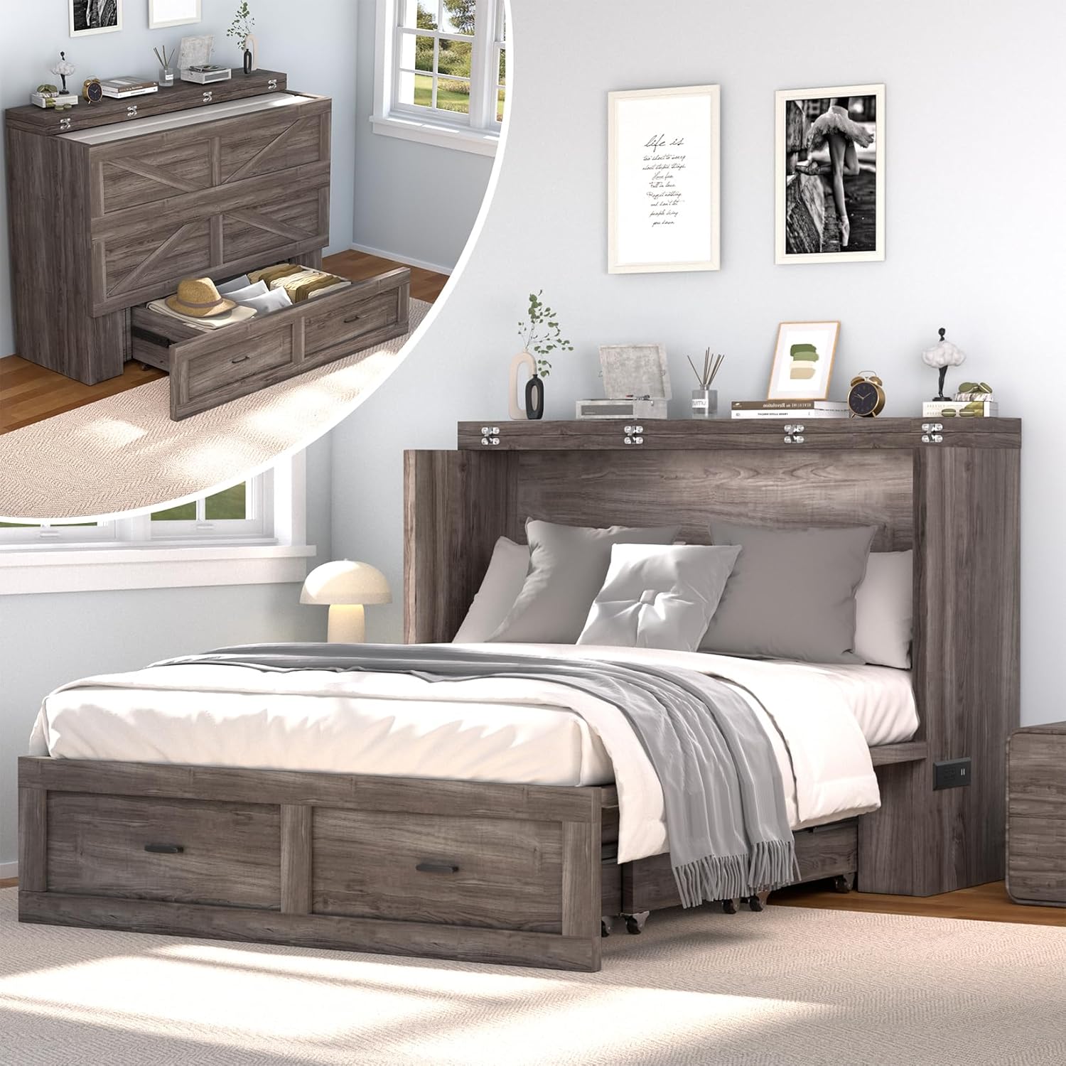 janiry Full Size Murphy Bed with Charging Station，Murphy Bed Cabinets with Foldable Panel for Small Spaces or Bedroom,Office,Grey