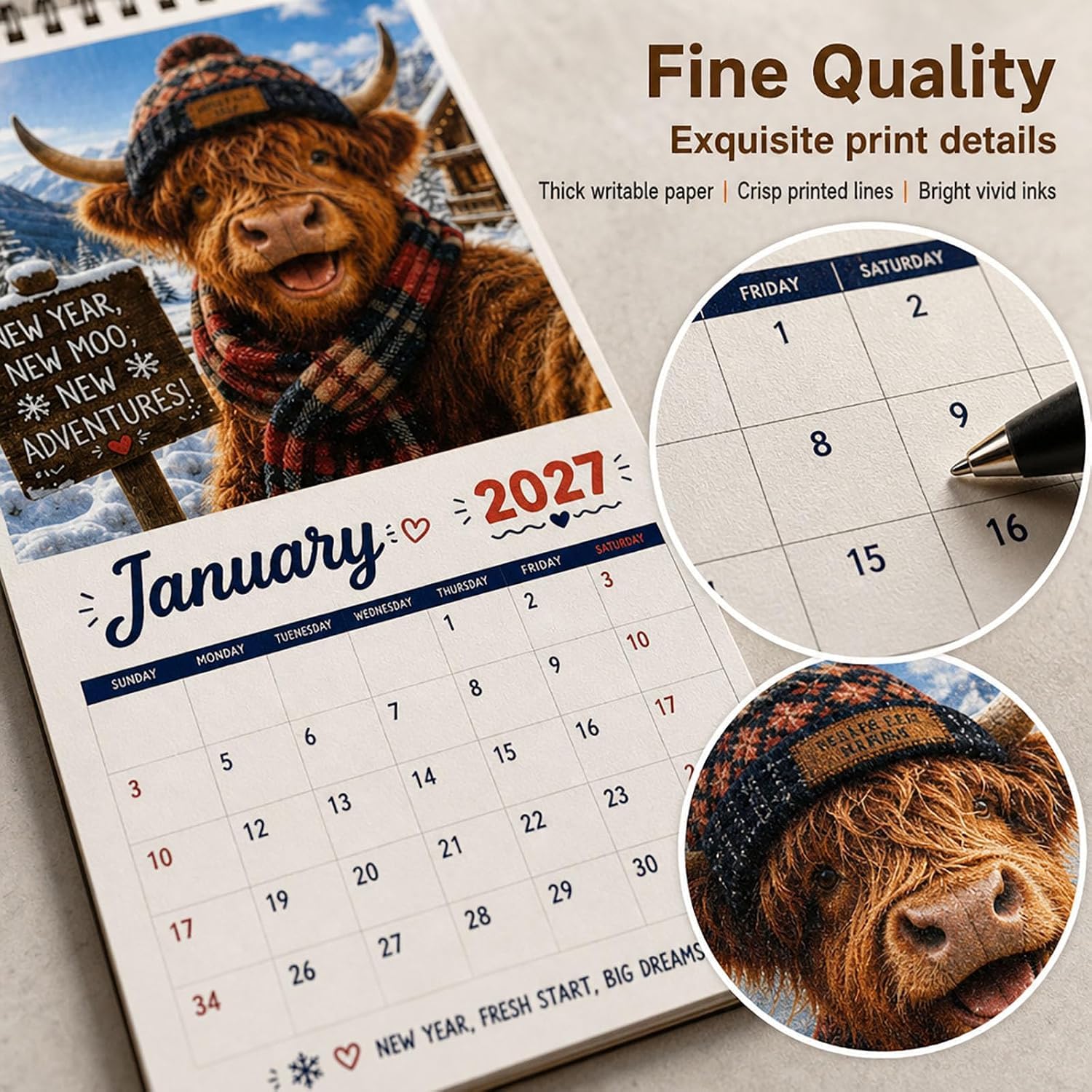 2027 Lustiger Highland Cow Wandkalender, Cartoon Highland Cow 2027 Wandkalender mit 12 Monatsdesigns | A4-Hängekalender, humorvolle Bauernhofkuh-Illustrationen, für Zuhause, Büro
