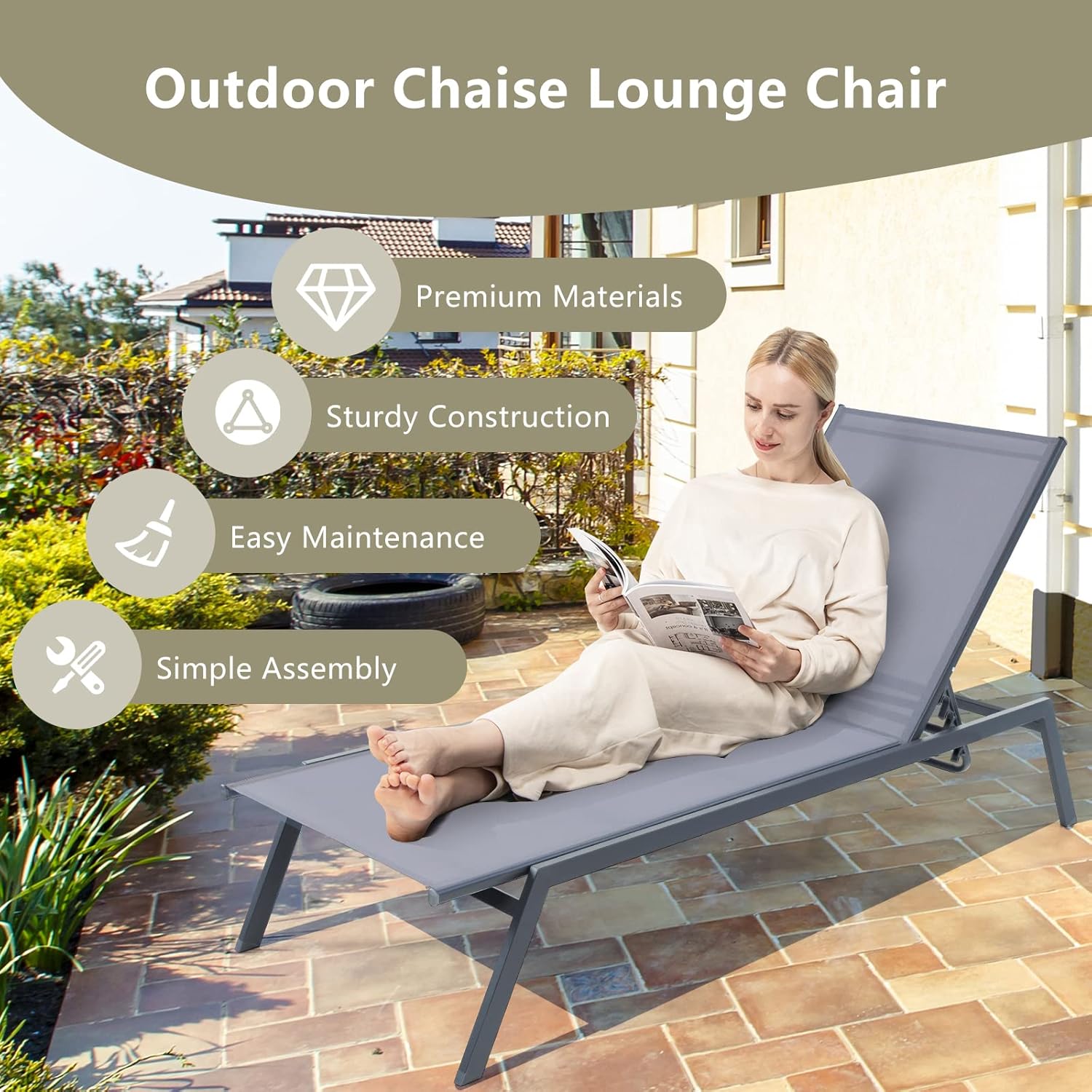 Giantex Patio Chaise Lounge Chair - Sunbathing Chair with Lay Flat Position, 6 Adjustable Positions, Outdoor Reclining Chair with Quick-Drying Fabric for Patio Poolside Backyard (1, Gray)