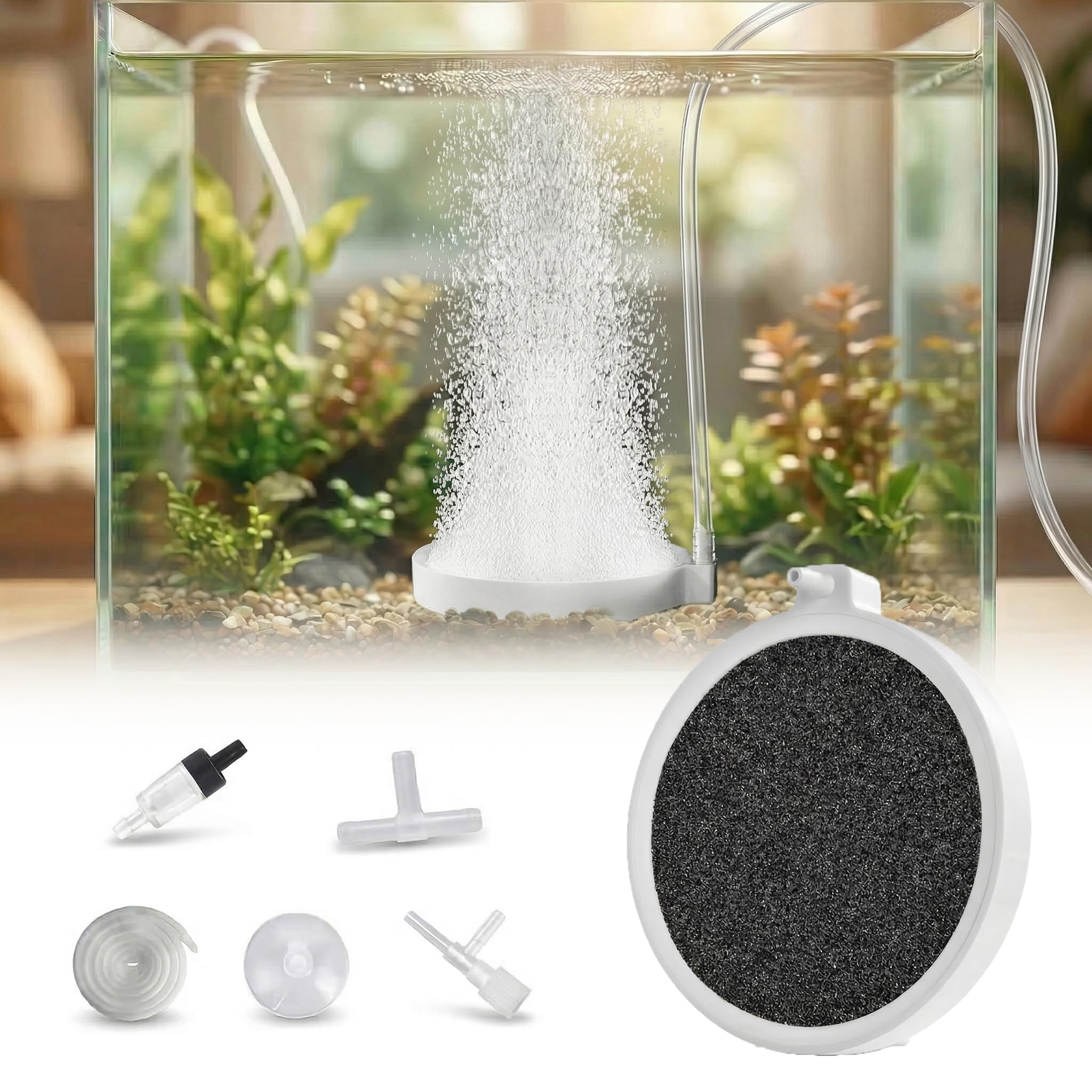 Diffuseur d’air Aquarium 6 pièces – Pierre à air Nano Bulles Fines Silencieux – Kit Complet avec Tuyau 2 m, clapet Anti-Retour et Valve réglable – Oxygénation Efficace Aquarium 60 à 120 cm