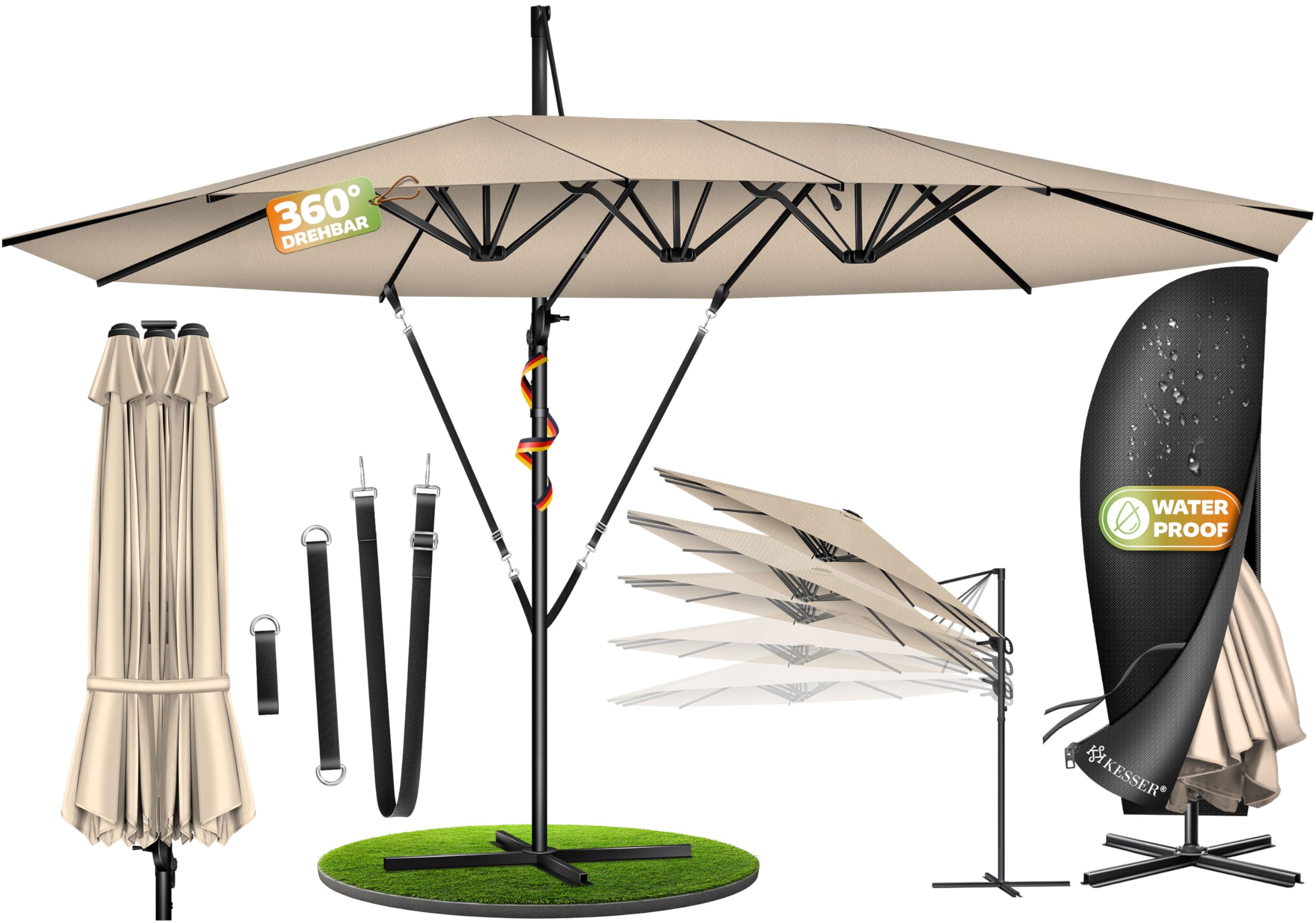 KESSER Ombrellone doppio, 4,6 m x 2,7 m, copertura per ombrellone e protezione antivento con manovella e supporto, in alluminio impermeabile, inclinabile, girevole a 360°, beige., Ohne LED