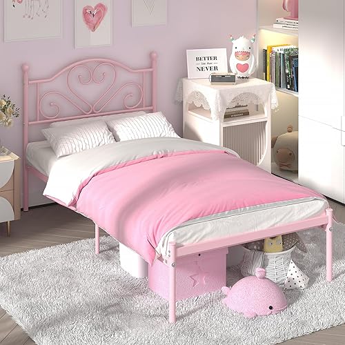 Miniatura 3 de Weehom Base de cama individual con cabecero, plataforma de metal resistente, espacio de almacenamiento debajo de la cama, fácil montaje para niños,