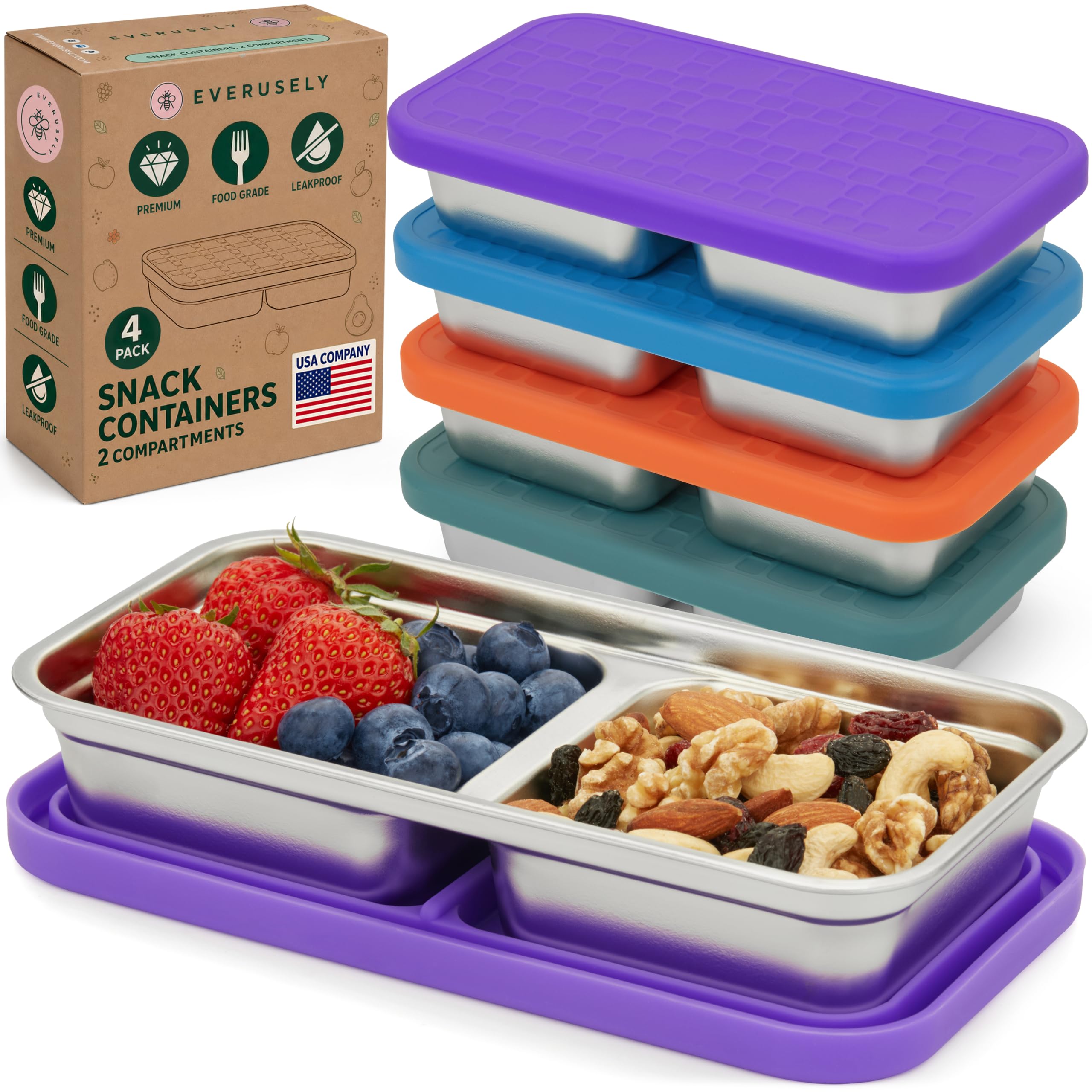 Stainless Steel Snack Pots with Lids - 2 Compartment, 400 mL 4 Pack, Colour Pop - Reusable Meal Prep Grab On The Go Lunchboxes / Tiffin Boxes for Travel, Camping, Food Storage - Divided Container
