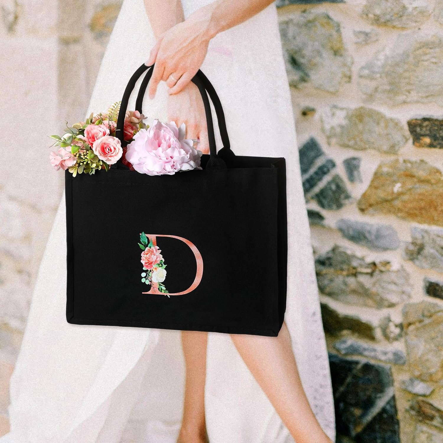Huhumy Initial Canvas Tote Bag for Women Initial Gifts Makeup Bag Personalized Monogram Tumbler Mother Day Teacher Gifts