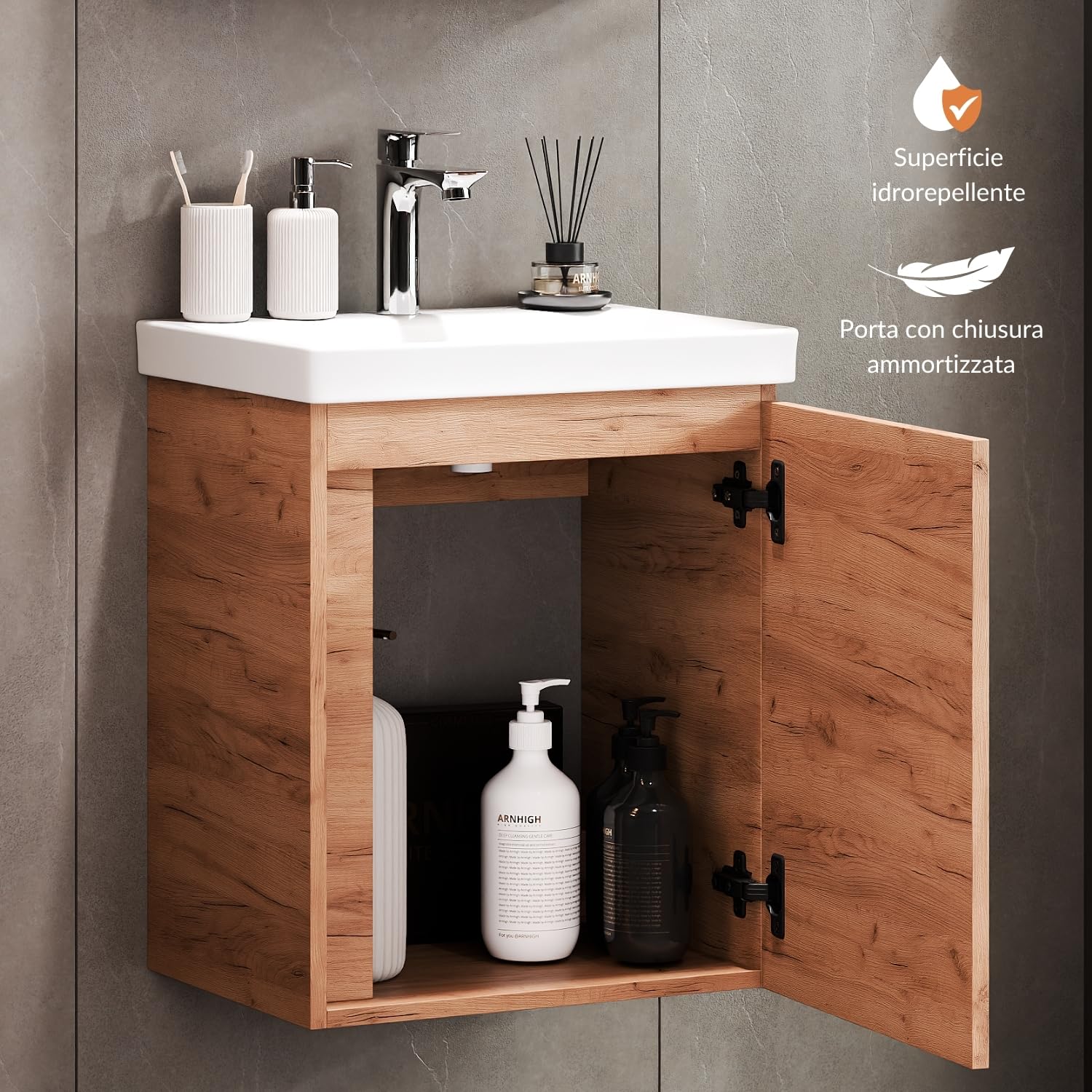 Planetmöbel lavabo con mobiletto 50 cm, mobile lavabo sospeso, chiusura ammortizzata, set di mobili da bagno, rovere oro