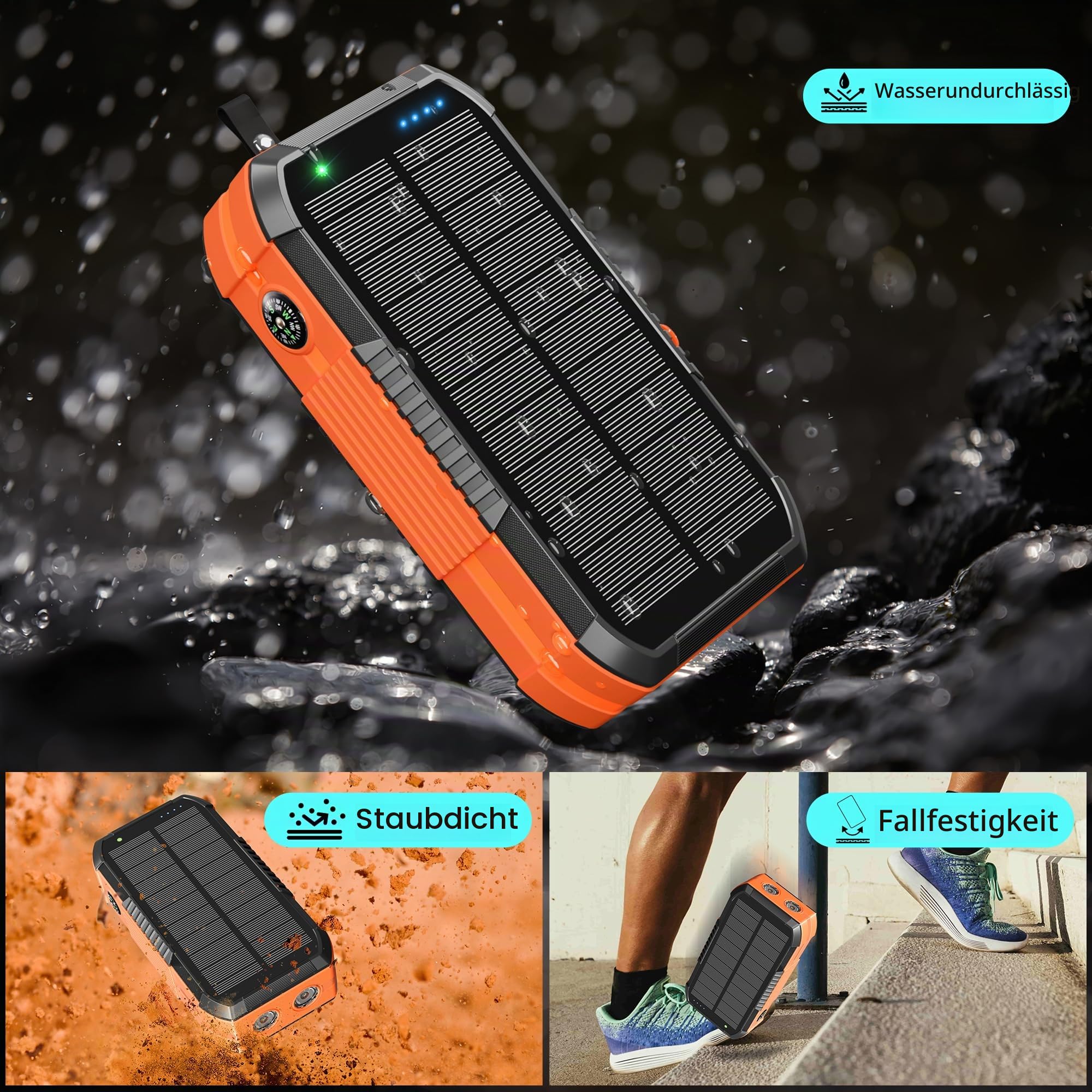 70000mAh Power Bank große Solar Powerbank 30W PD Wireless Externer Handyakku tragbares Ladegerät mit Schnellladefunktion, USB C 6 Ausgängen mit Taschenlampe Kompass Handkurbel für Camping Outdoor