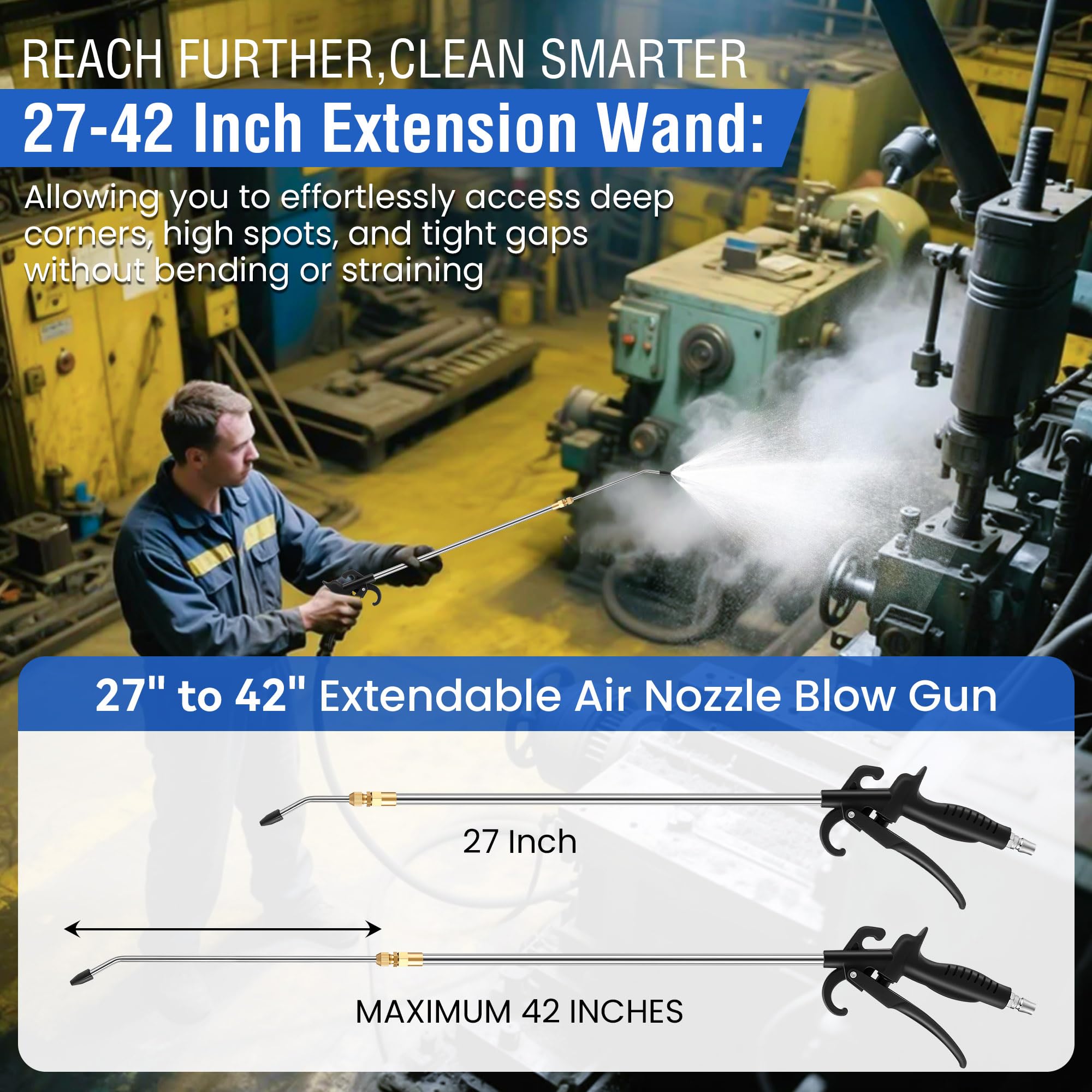 Pistola ad aria ad alta pressione, prolunga da 69-106 cm, ugello ad aria lunga con ingresso NPT da 1/4" e impugnatura a leva, strumento pneumatico industriale resistente per accessori per