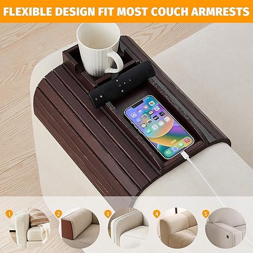 Miniatura 7 de GEHE Soporte para tazas de sofá de bambú, bandeja de brazo de sofá antiderrames, natural y fácil de limpiar, bandeja para reposabrazos perfecta
