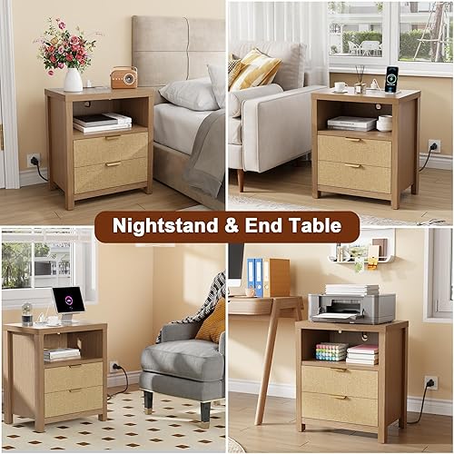 Miniatura 8 de Furnulem Mesita de noche con estación de carga, mesita de noche decorativa con 2 cajones y estante de almacenamiento, mesa de noche con cajón