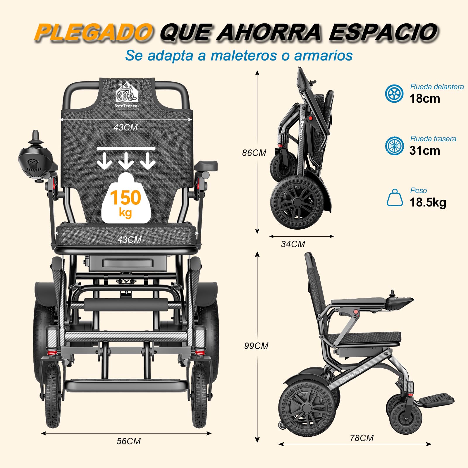 D14 Silla de ruedas eléctrica plegable, alcance 40km, equipada con 2 baterías litio 12Ah, carga 150KG, silla de ruedas eléctrica de aleación de aluminio, para mayores y con movilidad limitada-Negro