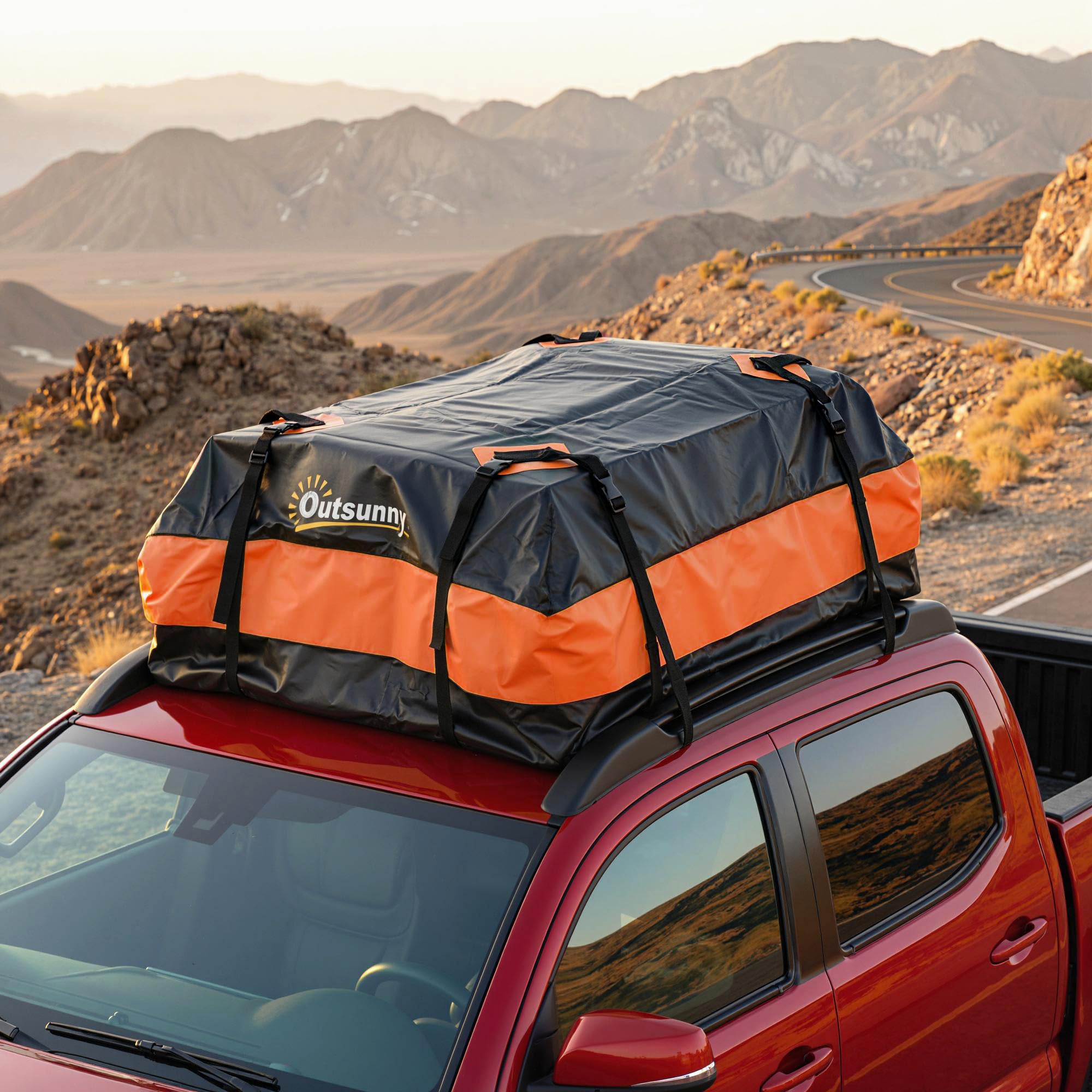 Outsunny Coffre de Toit de Véhicule 425 L, Intempéries, 8 Sangles Renforcées, 4 Crochets de Portes, Cadenas Antivol, Tapis Antidérapant, Sac de Toit Voiture pour Tous Véhicules avec/sans Barres