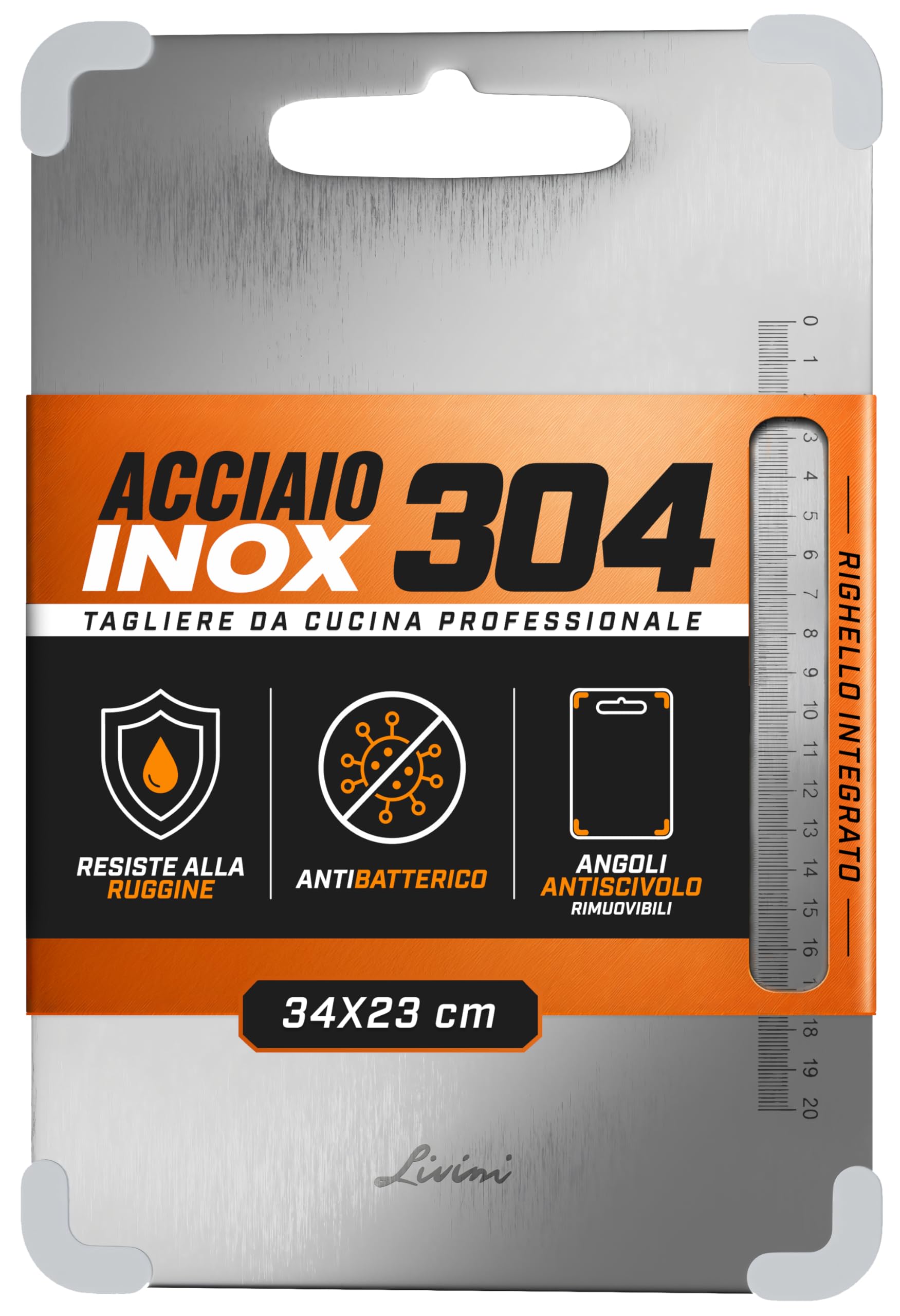 LIVINI Tagliere in Acciaio Inox 304 Alimentare 34x23cm, Tagliere da Cucina Professionale con Angoli Antiscivolo Rimuovibili in Silicone Antibatterico, Righello inciso per un Taglio preciso