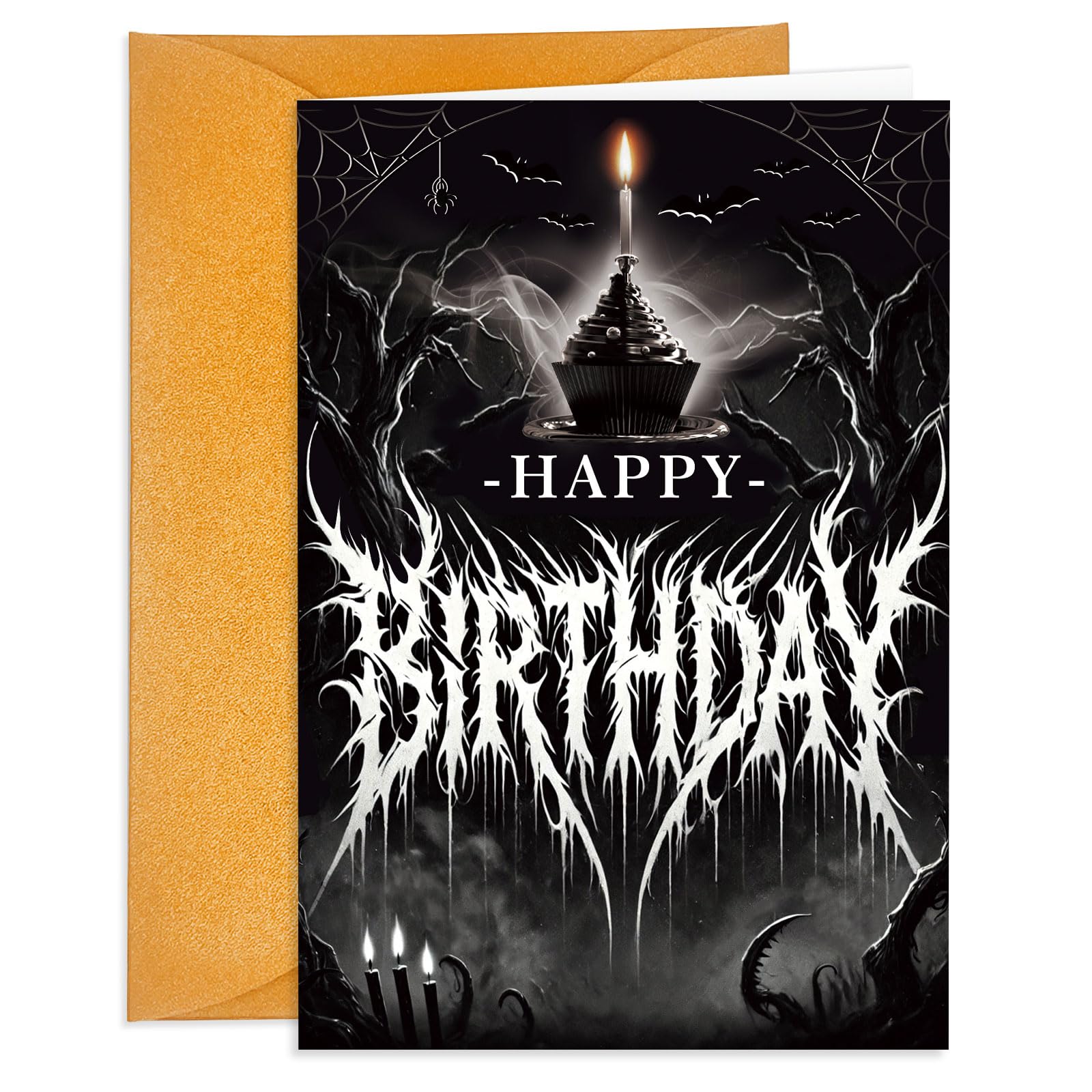 JUESMOS Halloween Happy Birthday Card Horror Birthday Note Card with Envelope Happy Birthday Cupcake Gothic Card for Women Men Funny Halloween