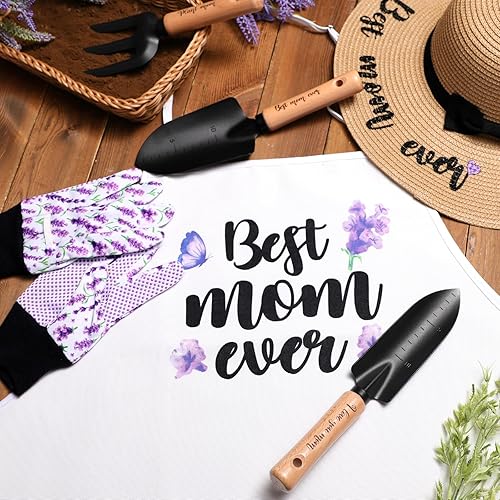 Miniatura 4 de Regalos para mamá, kit de herramientas de jardinería de lavanda, herramientas de plantación, sombrero de paja, delantal floral, guante para mujeres,