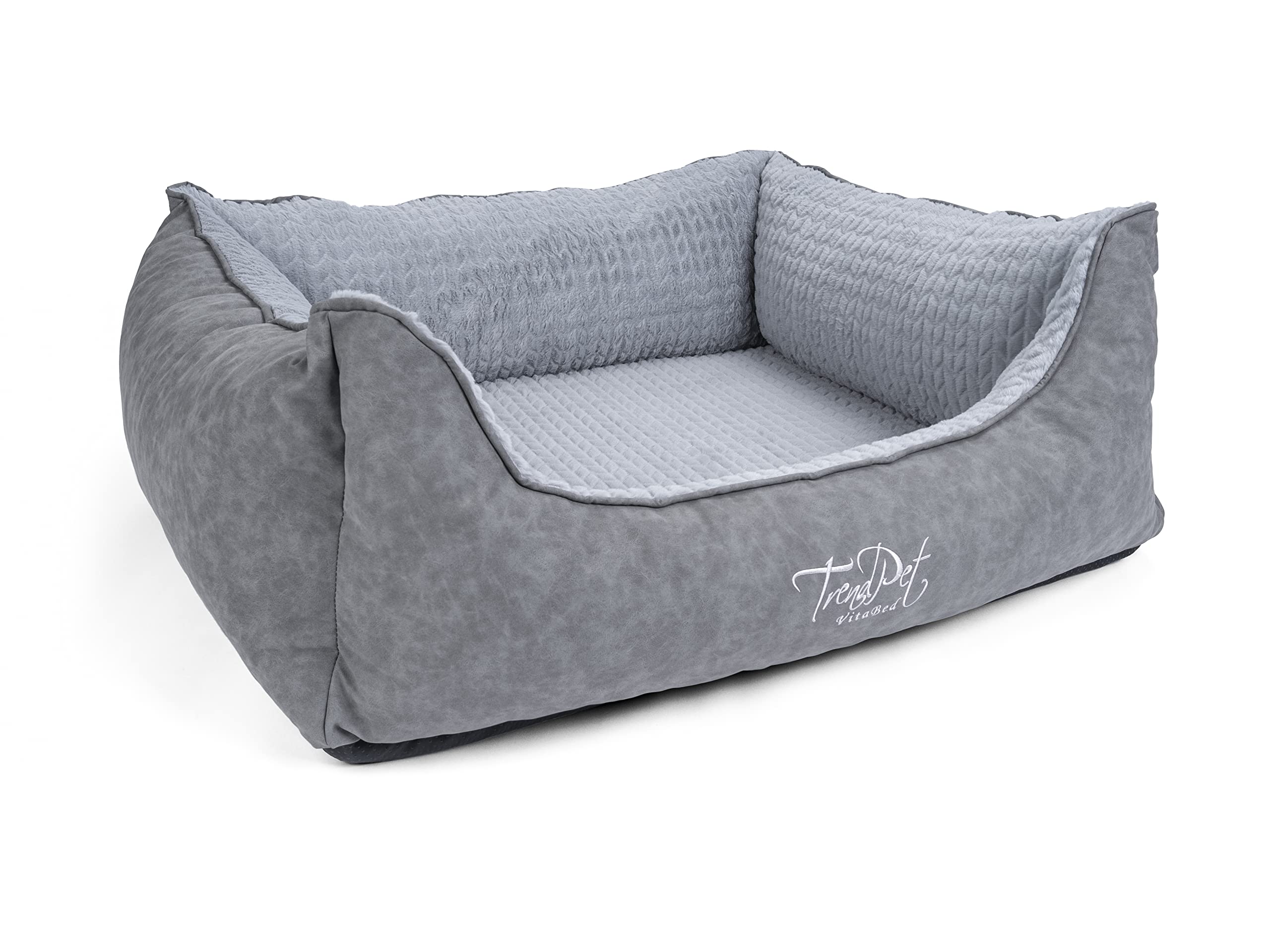 TrendPet VitaBed Style - Orthopädisches Hundebett, außen Kunstleder innen flauschig (100x90cm, Grau)
