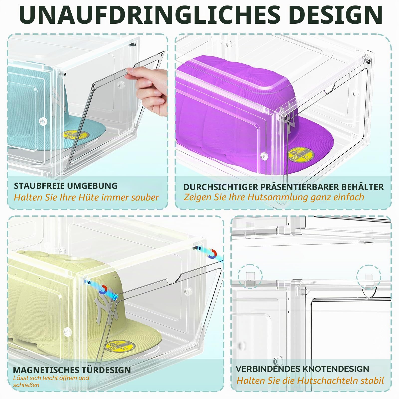 SCAVATA Hut-Organizer-Box, stapelbar, transparent, für Baseballkappen, Behälter mit magnetischer Tür für Hüte, Snapback-Kappen-Aufbewahrung, Hutständer, Vitrine, hält je 8 Hüte (transparent)
