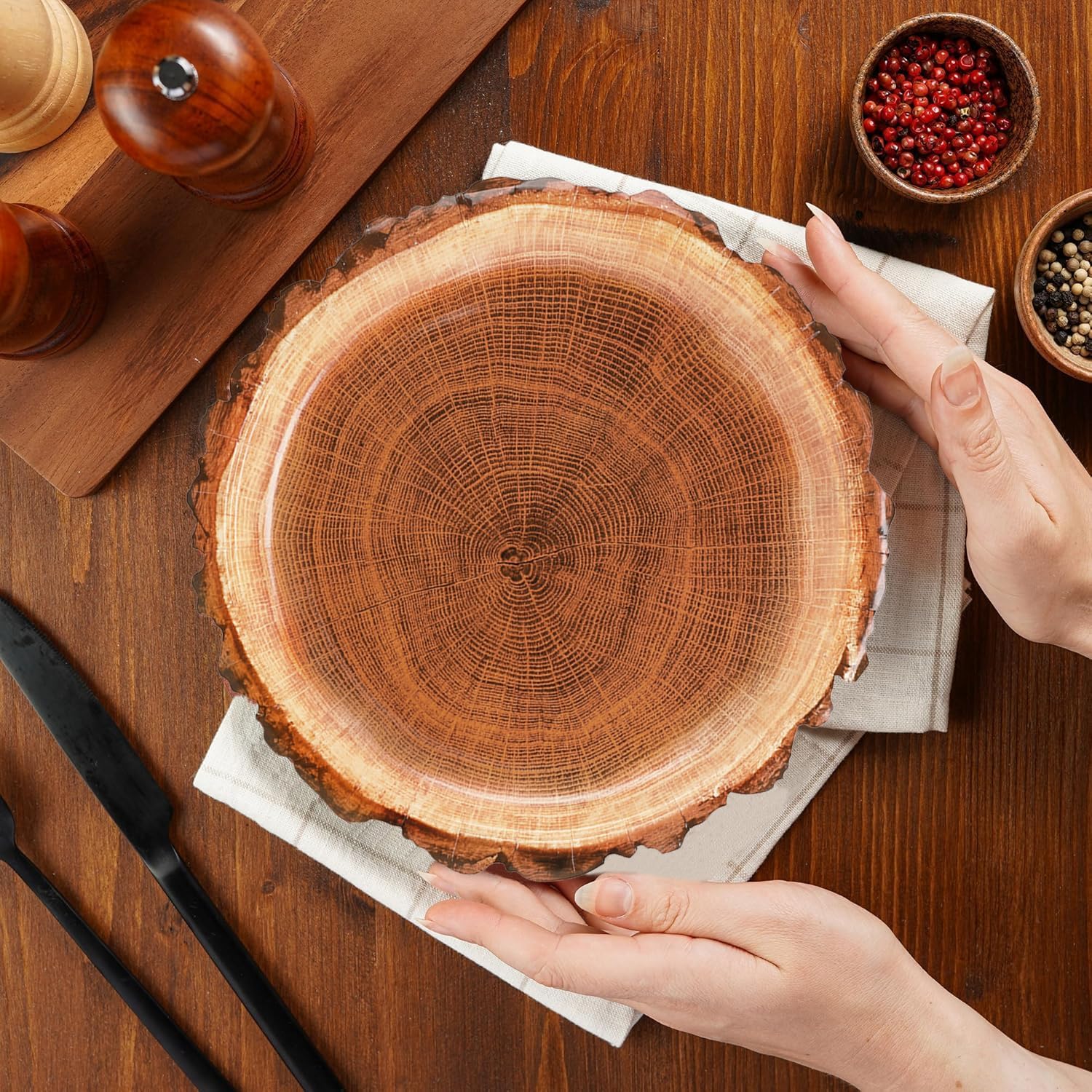 120 Pcs Rustic Wood Grain Dessert Paper Plate 9" Natural Farmhouse Wood Slice Paper Dessert Plates Camping Wood Grain Slice Service Trays for Camping Hunting Lumberjack Birthday Party Supplies