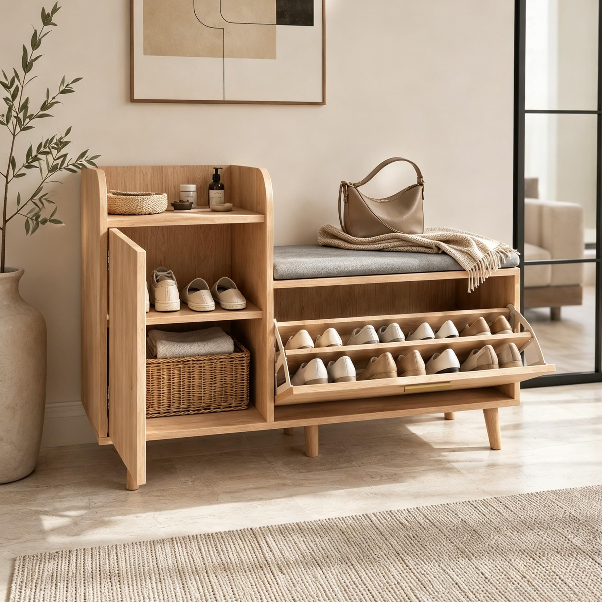 Panca Scarpiera con Contenitore, Scarpiera con seduta e 2 ante, Mobile Scarpieras Salvaspazio in Legno e Tessuto Effetto Lino per ingresso, corridoio, soggiorno, 100x30x69,5cm