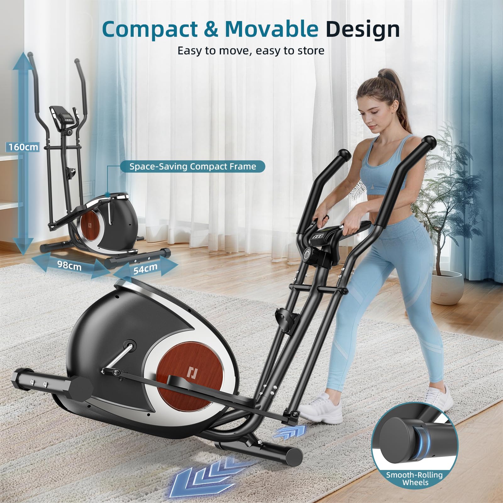 Vélo Elliptique Magnétique Silencieux avec 16 Niveaux de Résistance, Écran LCD Bluetooth et roulettes de Transport, Appareil d'Entraînement à Domicile pour Un Entraînement